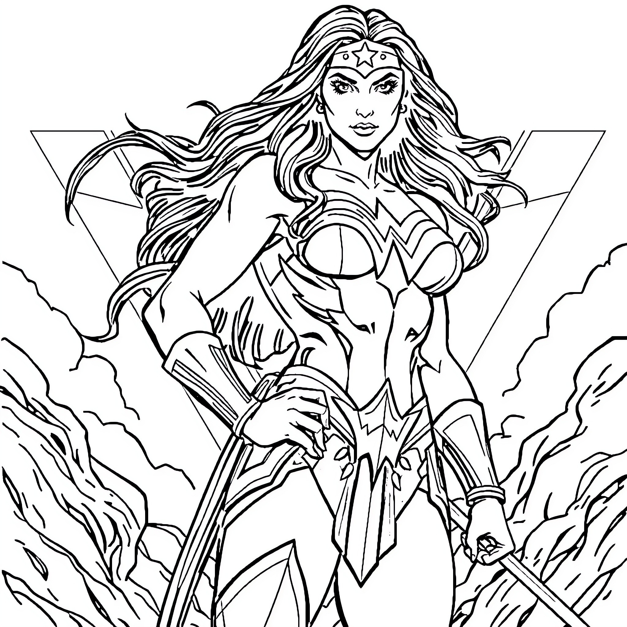 Wonder Woman in action stance with heroic attire Coloring Page (free black-and-white line drawing printable PDF for all, from beginners to advanced learners, including children, teens, adults, and seniors)