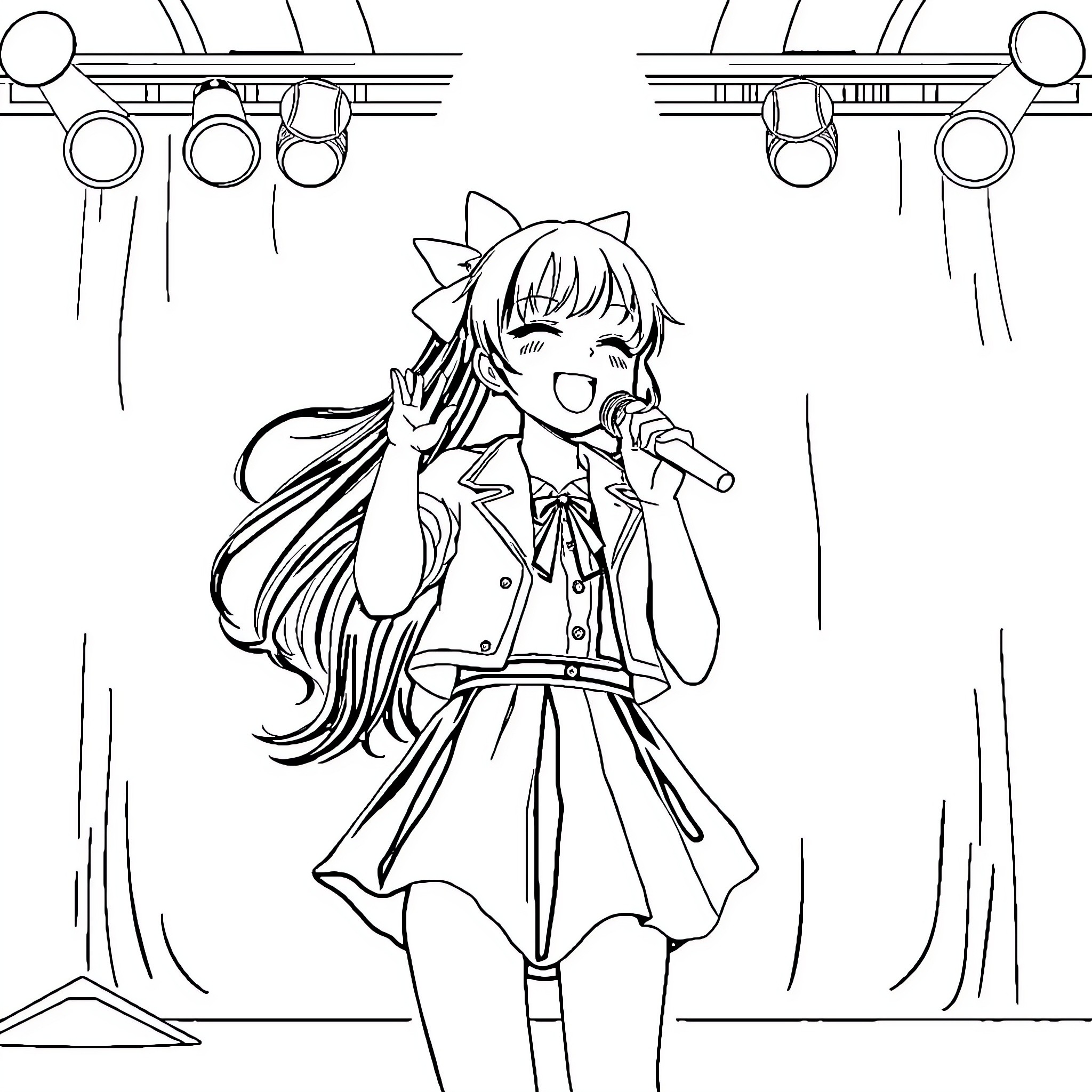 Kuromi singing on stage with energy and passion Coloring Page (free black-and-white line drawing printable PDF for all, from beginners to advanced learners, including children, teens, adults, and seniors)