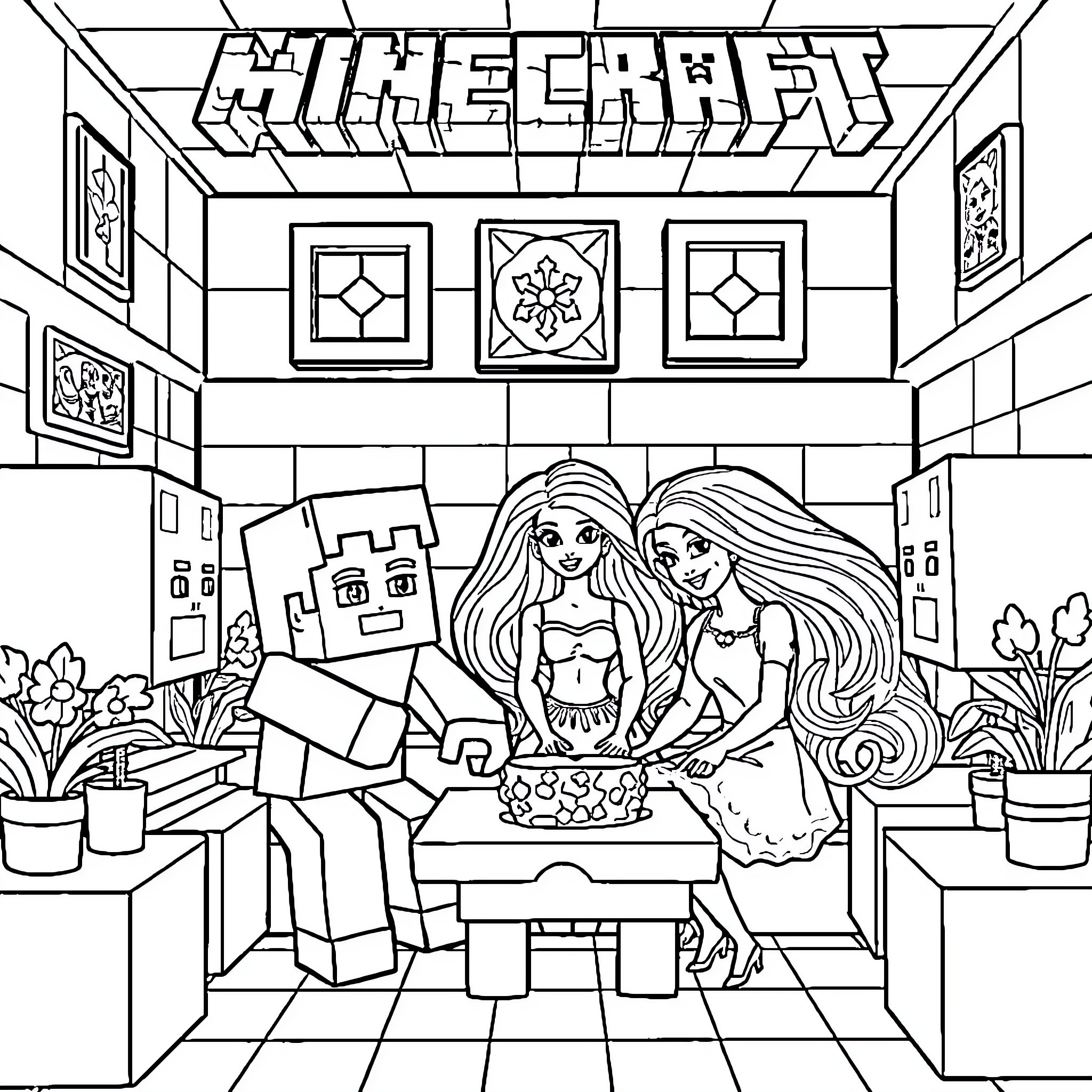 Minecraft Character Celebrating a Birthday Party Coloring Page (free black-and-white line drawing printable PDF for all, from beginners to advanced learners, including children, teens, adults, and seniors)