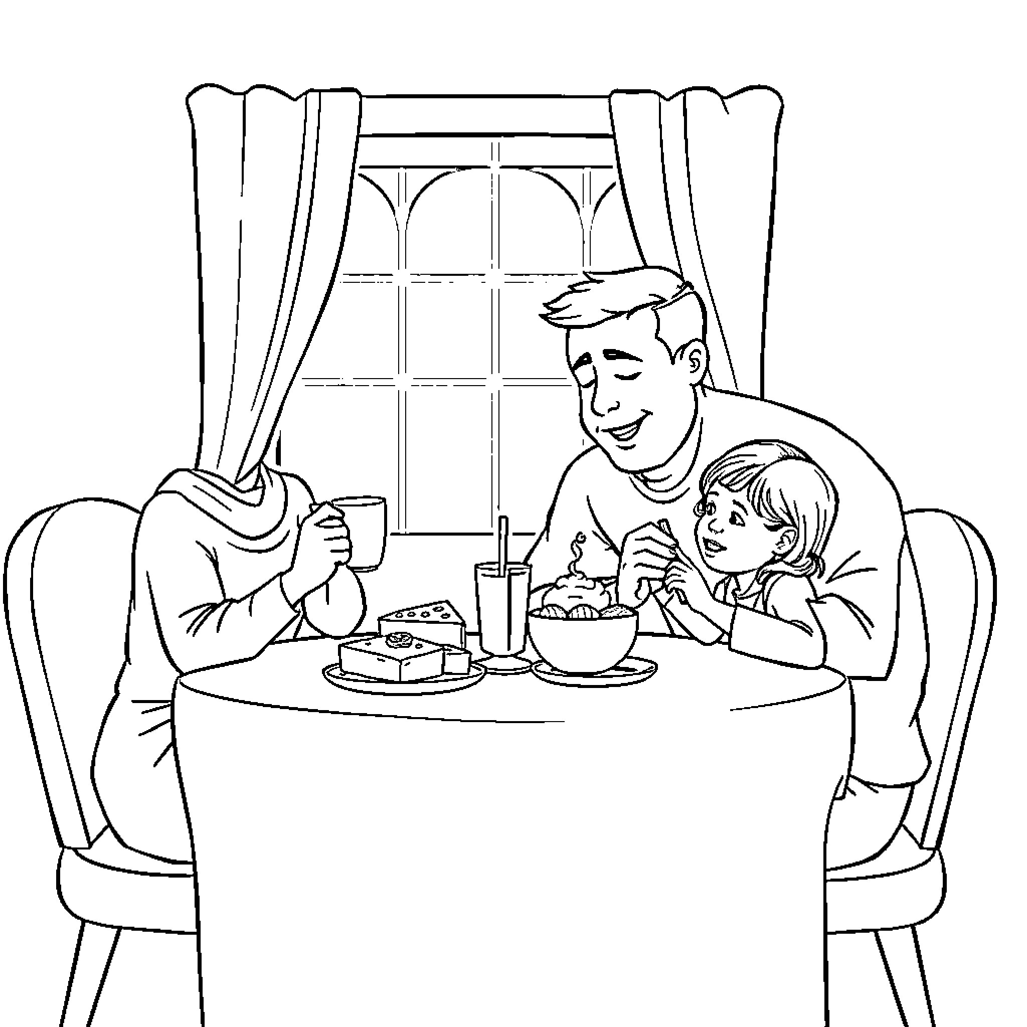 Familia enjoying casual meal together Coloring Page (free black-and-white line drawing printable PDF for all, from beginners to advanced learners, including children, teens, adults, and seniors)