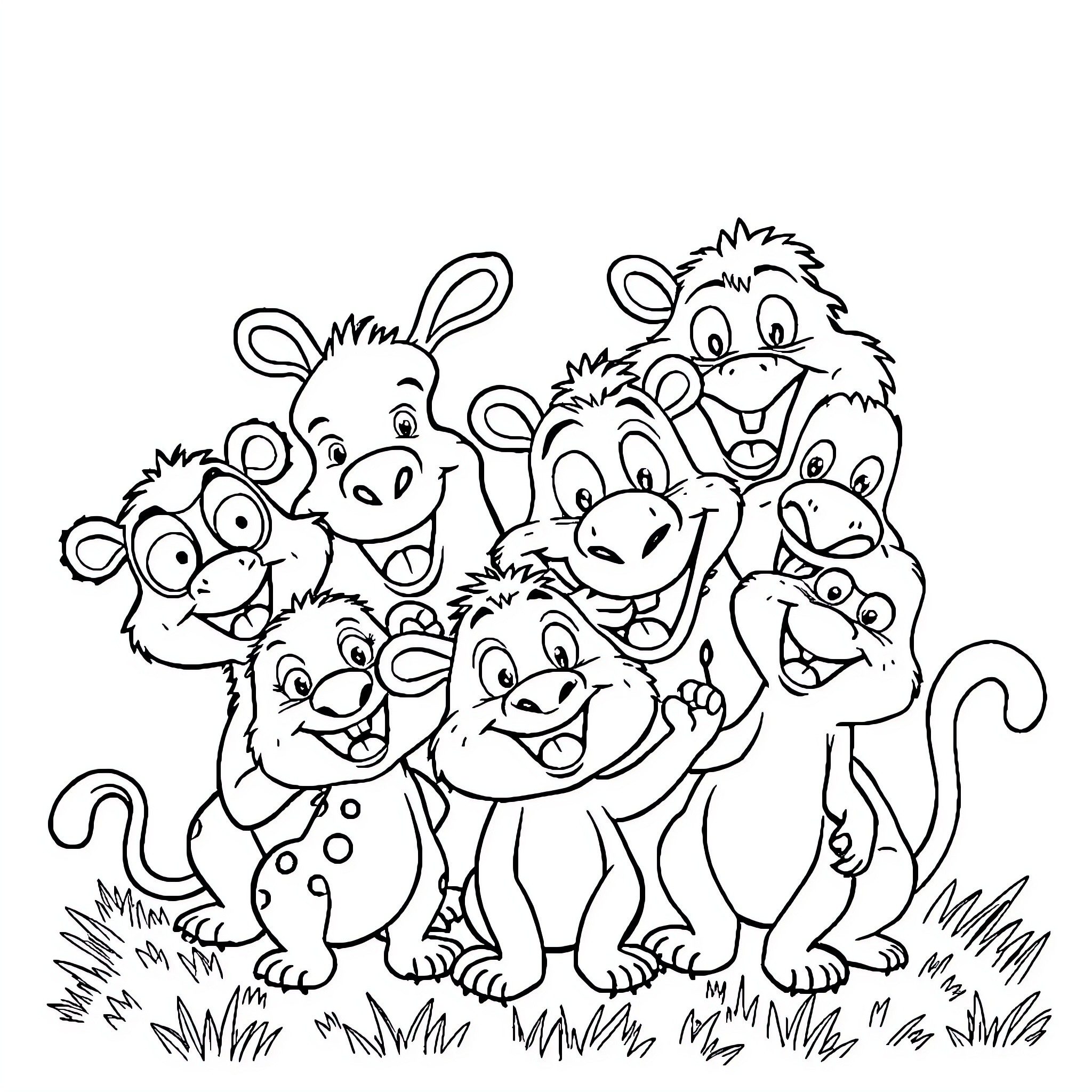 Animal friends gather together happily Coloring Page (free black-and-white line drawing printable PDF for all, from beginners to advanced learners, including children, teens, adults, and seniors)