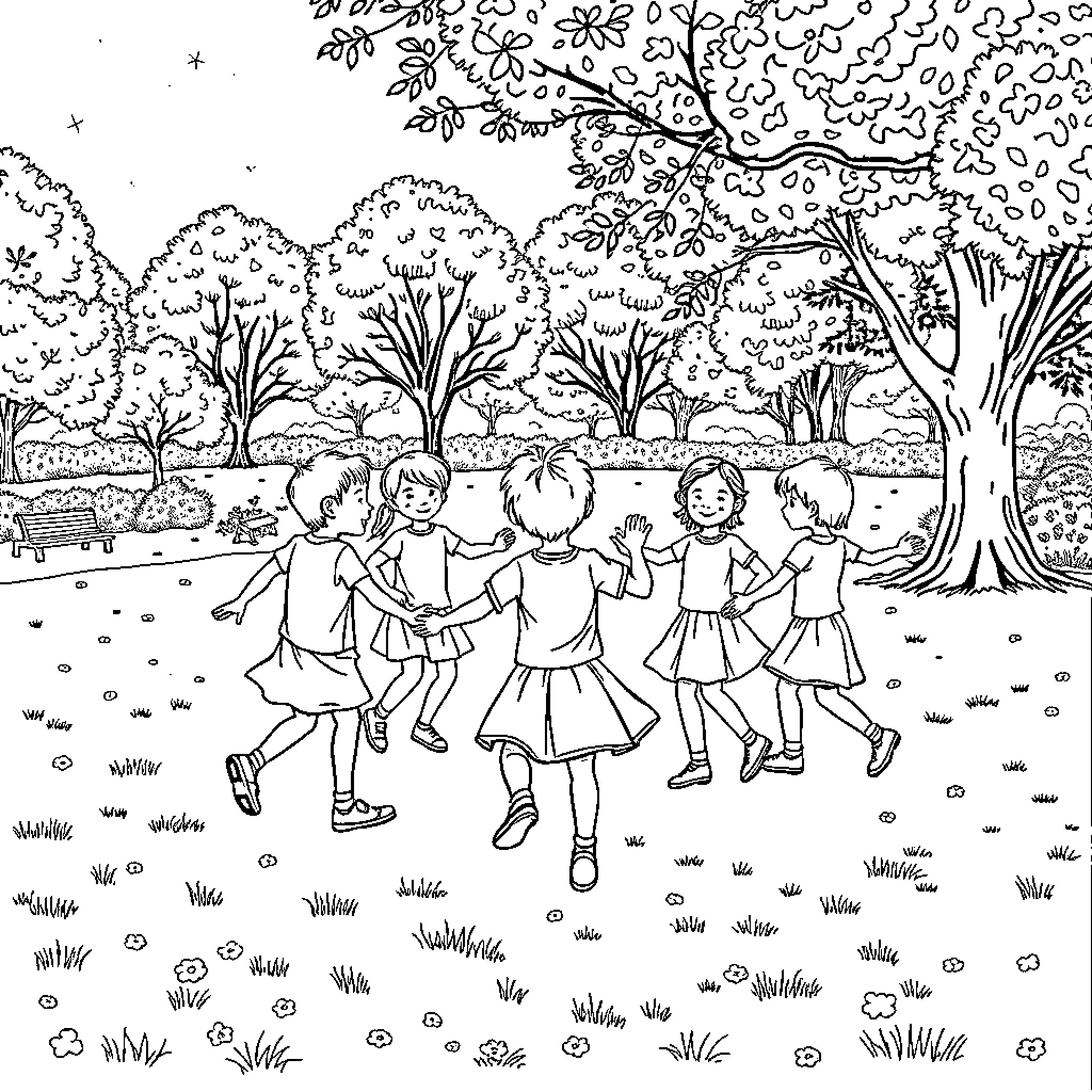 Children playing joyfully in a lush outdoor setting Coloring Page (free black-and-white line drawing printable PDF for all, from beginners to advanced learners, including children, teens, adults, and seniors)