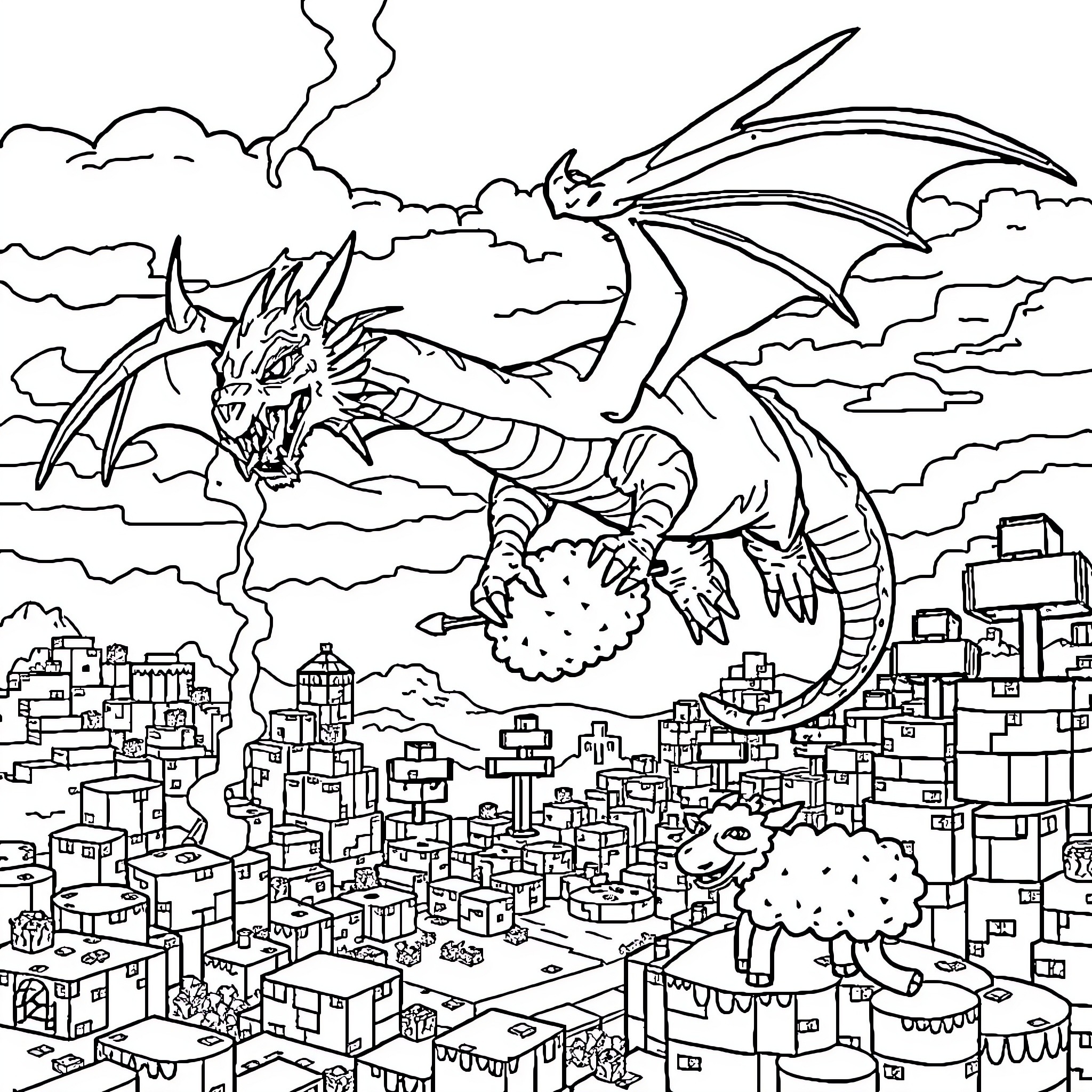 Dragon breathing fire over a city skyline Coloring Page (free black-and-white line drawing printable PDF for all, from beginners to advanced learners, including children, teens, adults, and seniors)