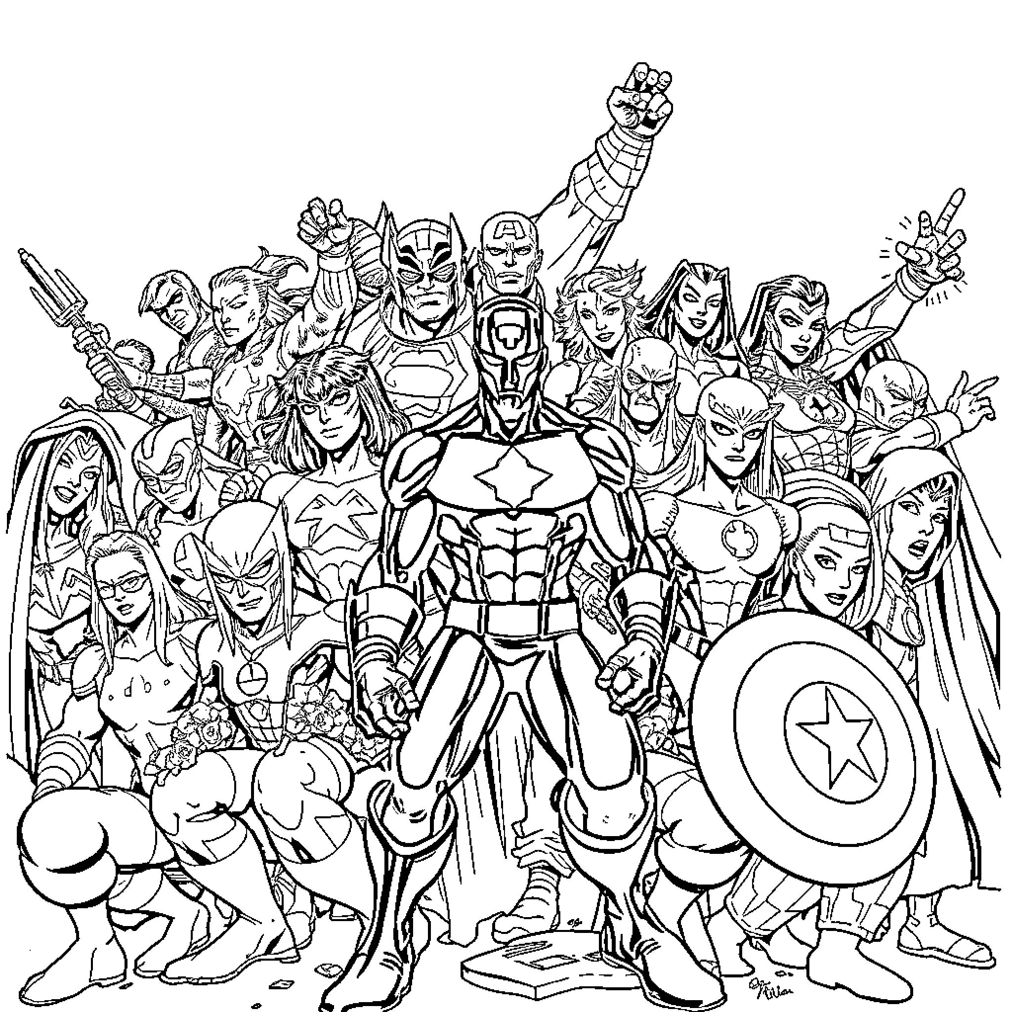 Marvel Characters Gathered in Epic Superhero Pose Coloring Page (free black-and-white line drawing printable PDF for all, from beginners to advanced learners, including children, teens, adults, and seniors)