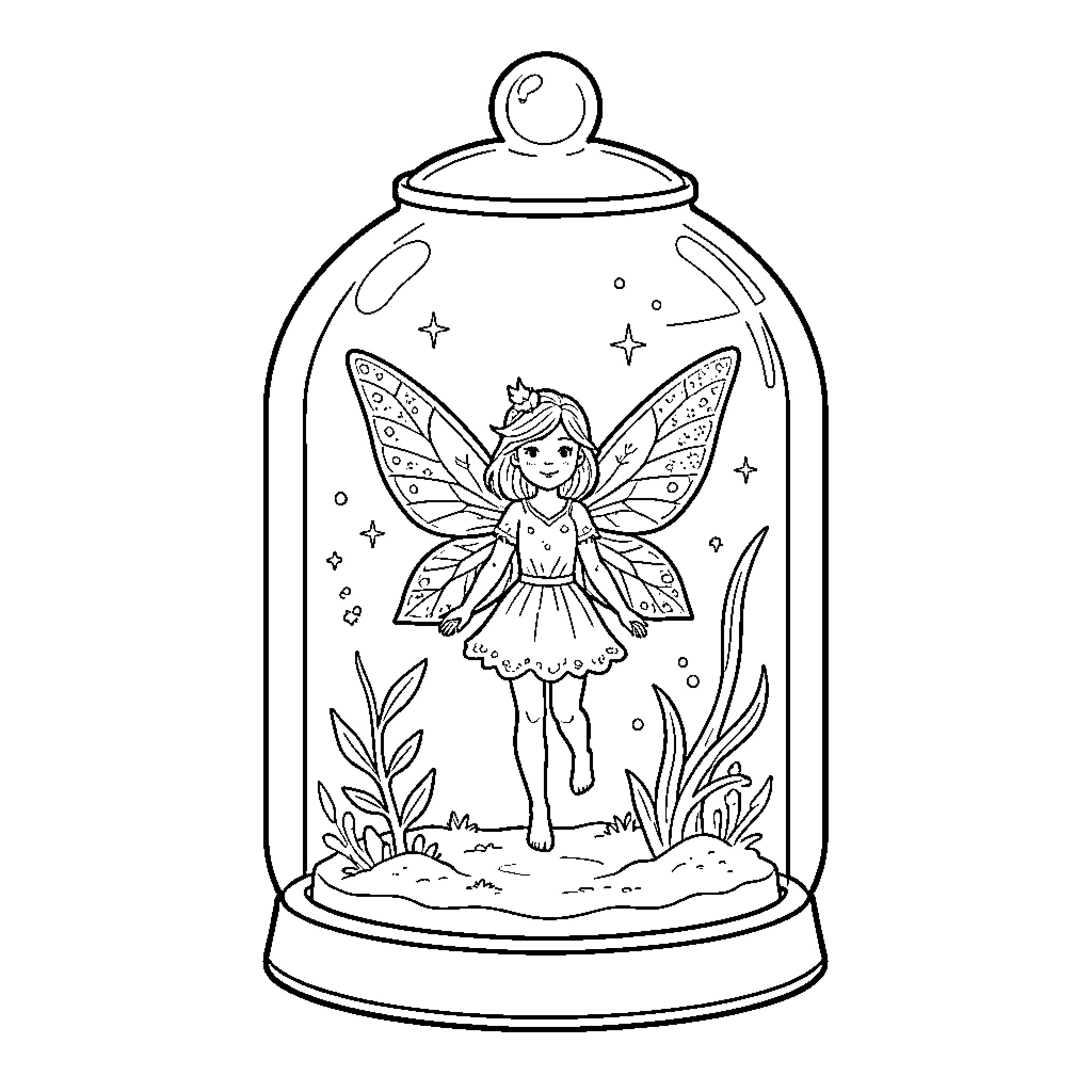 Fairy enclosed in a magical glass dome Coloring Page (free black-and-white line drawing printable PDF for all, from beginners to advanced learners, including children, teens, adults, and seniors)