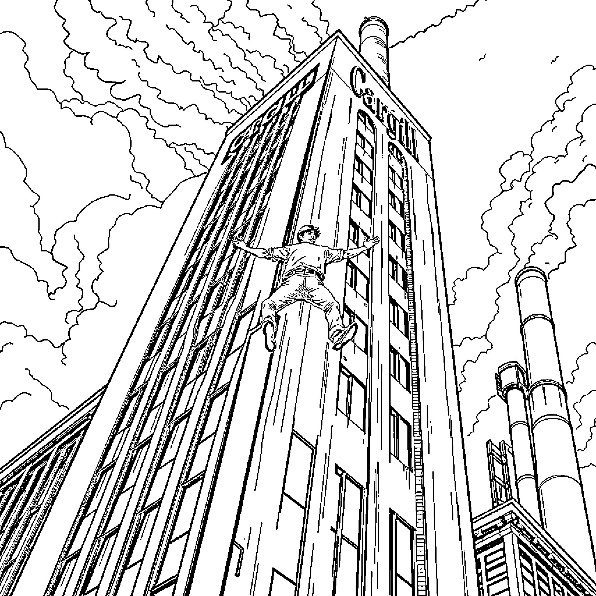 Man scaling the heights of a towering skyscraper Coloring Page (free black-and-white line drawing printable PDF for all, from beginners to advanced learners, including children, teens, adults, and seniors)
