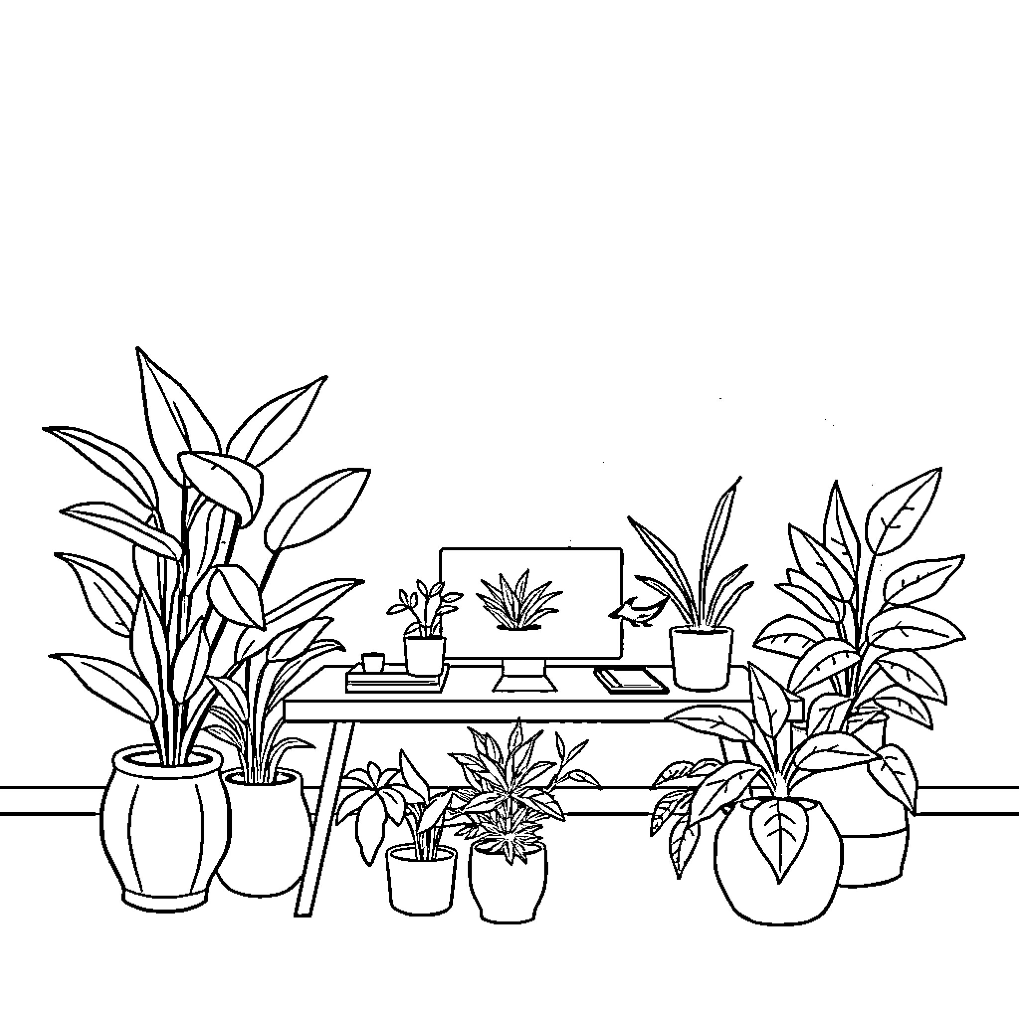 Abstract Houseplants Displayed on Shelves Coloring Page (free black-and-white line drawing printable PDF for all, from beginners to advanced learners, including children, teens, adults, and seniors)