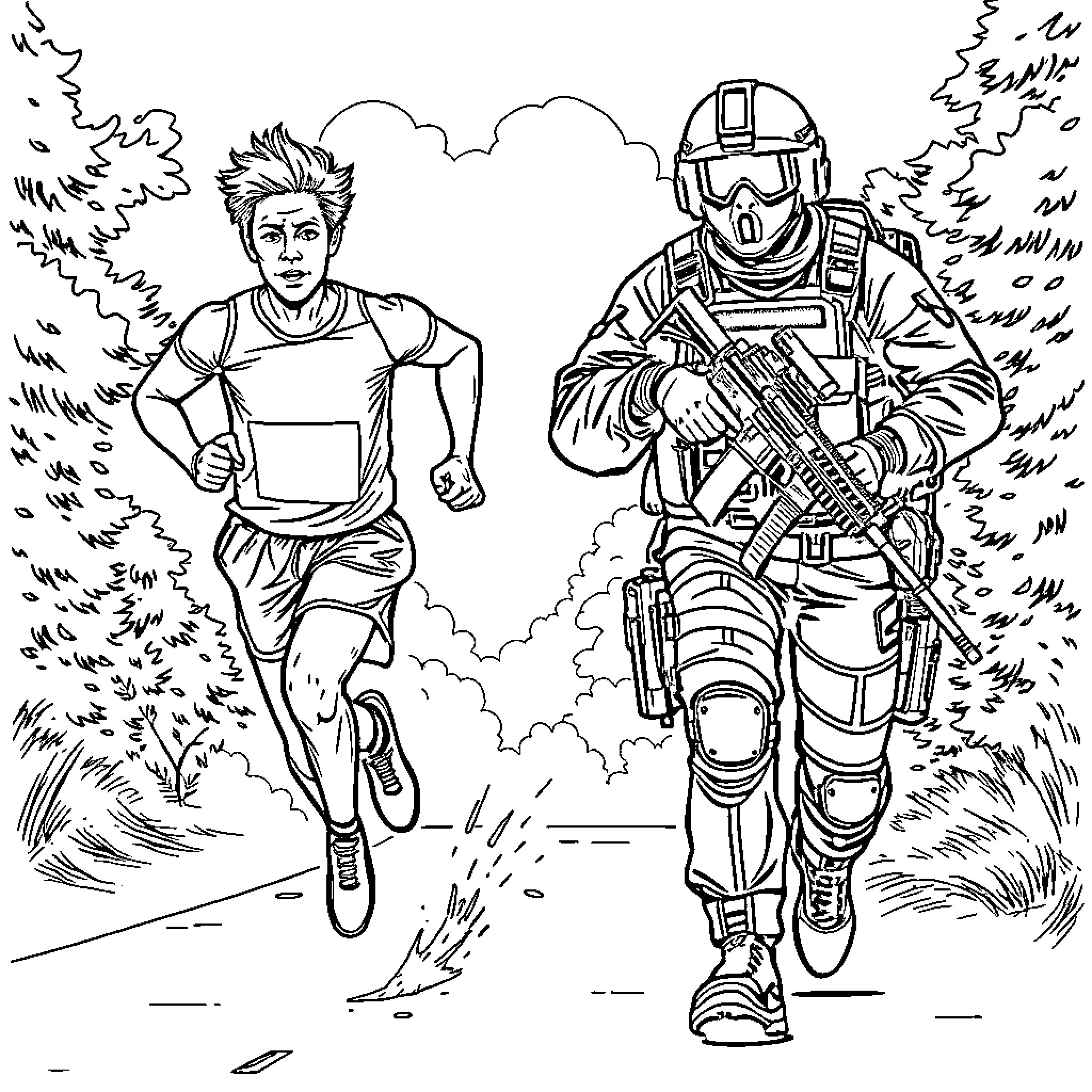 Runner racing against heavily armed soldier in the wilderness Coloring Page (free black-and-white line drawing printable PDF for all, from beginners to advanced learners, including children, teens, adults, and seniors)