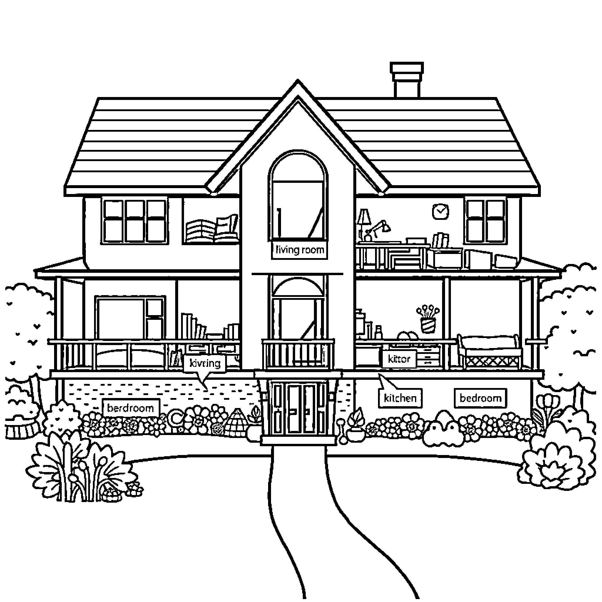House with cozy interior scenes and outdoor landscape Coloring Page (free black-and-white line drawing printable PDF for all, from beginners to advanced learners, including children, teens, adults, and seniors)