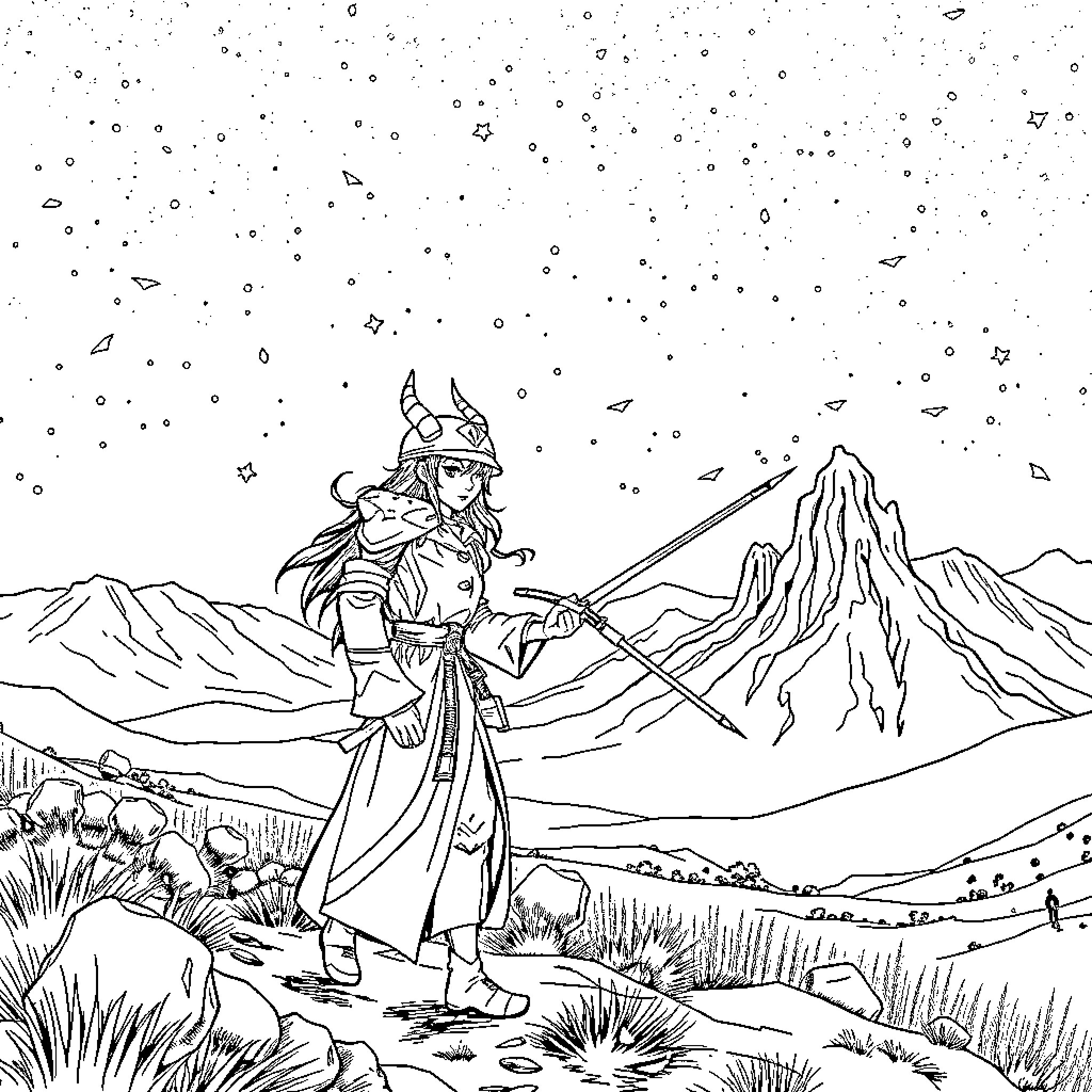 Mira's Adventurous Journey through the Mountainous Landscape Coloring Page (free black-and-white line drawing printable PDF for all, from beginners to advanced learners, including children, teens, adults, and seniors)