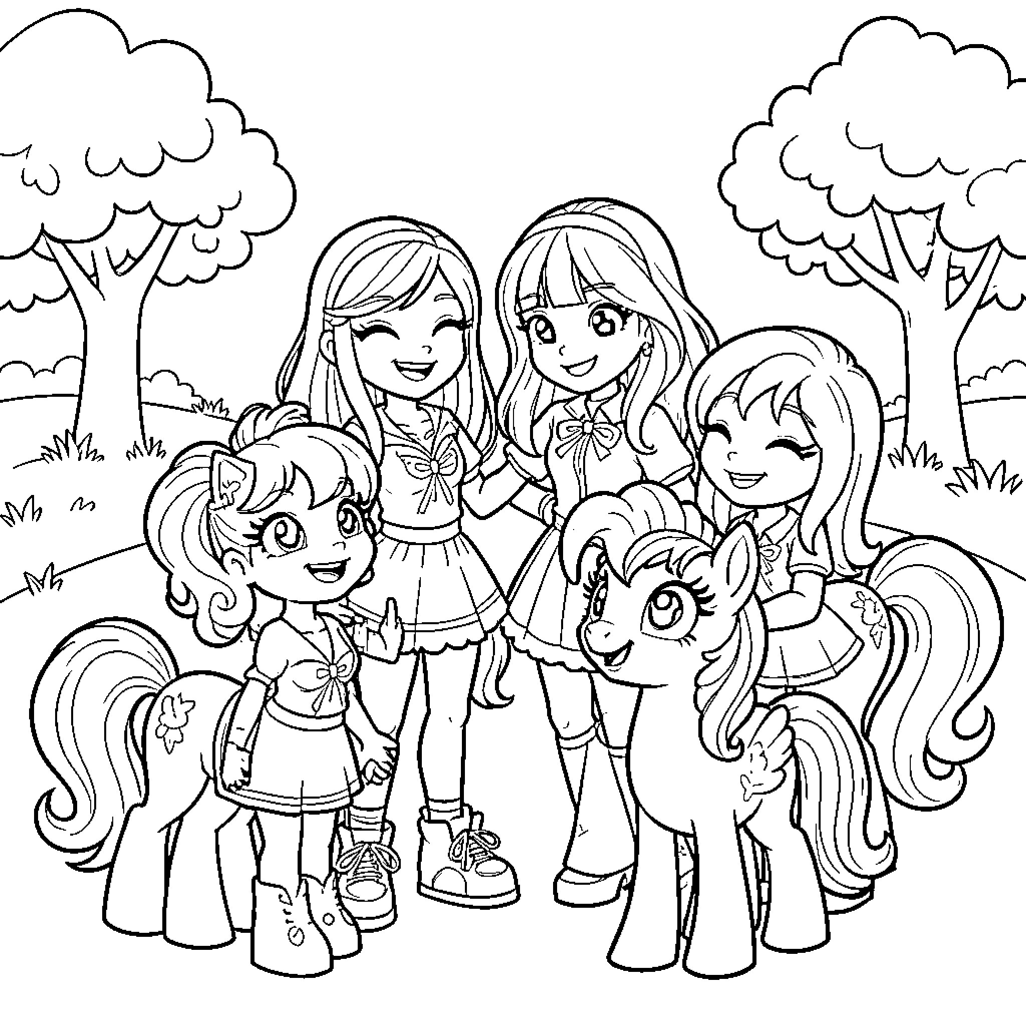Zoey and friends posing together in a grassy field Coloring Page (free black-and-white line drawing printable PDF for all, from beginners to advanced learners, including children, teens, adults, and seniors)