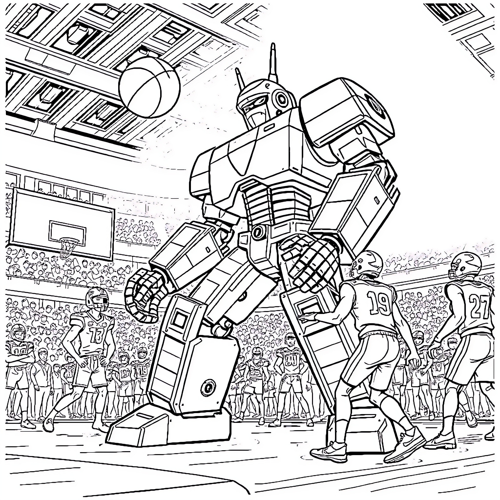 Goldorak, a Powerful Robot in a Sports Arena Coloring Page (free black-and-white line drawing printable PDF for all, from beginners to advanced learners, including children, teens, adults, and seniors)