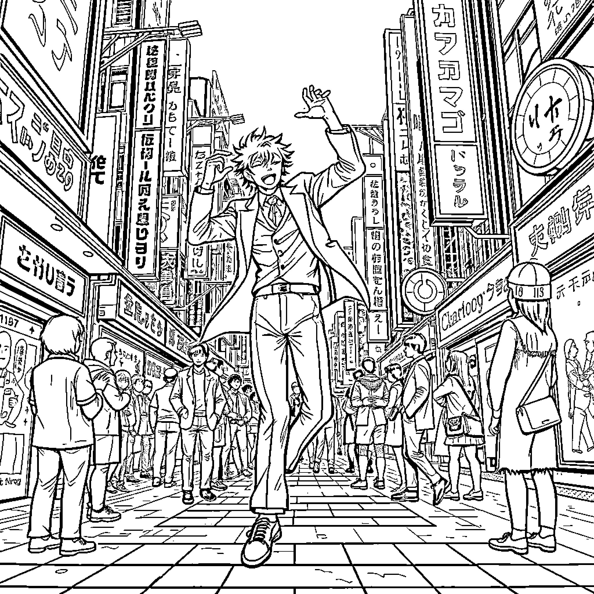 Ichigo Kurosaki's Energetic Adventure in the City Coloring Page (free black-and-white line drawing printable PDF for all, from beginners to advanced learners, including children, teens, adults, and seniors)