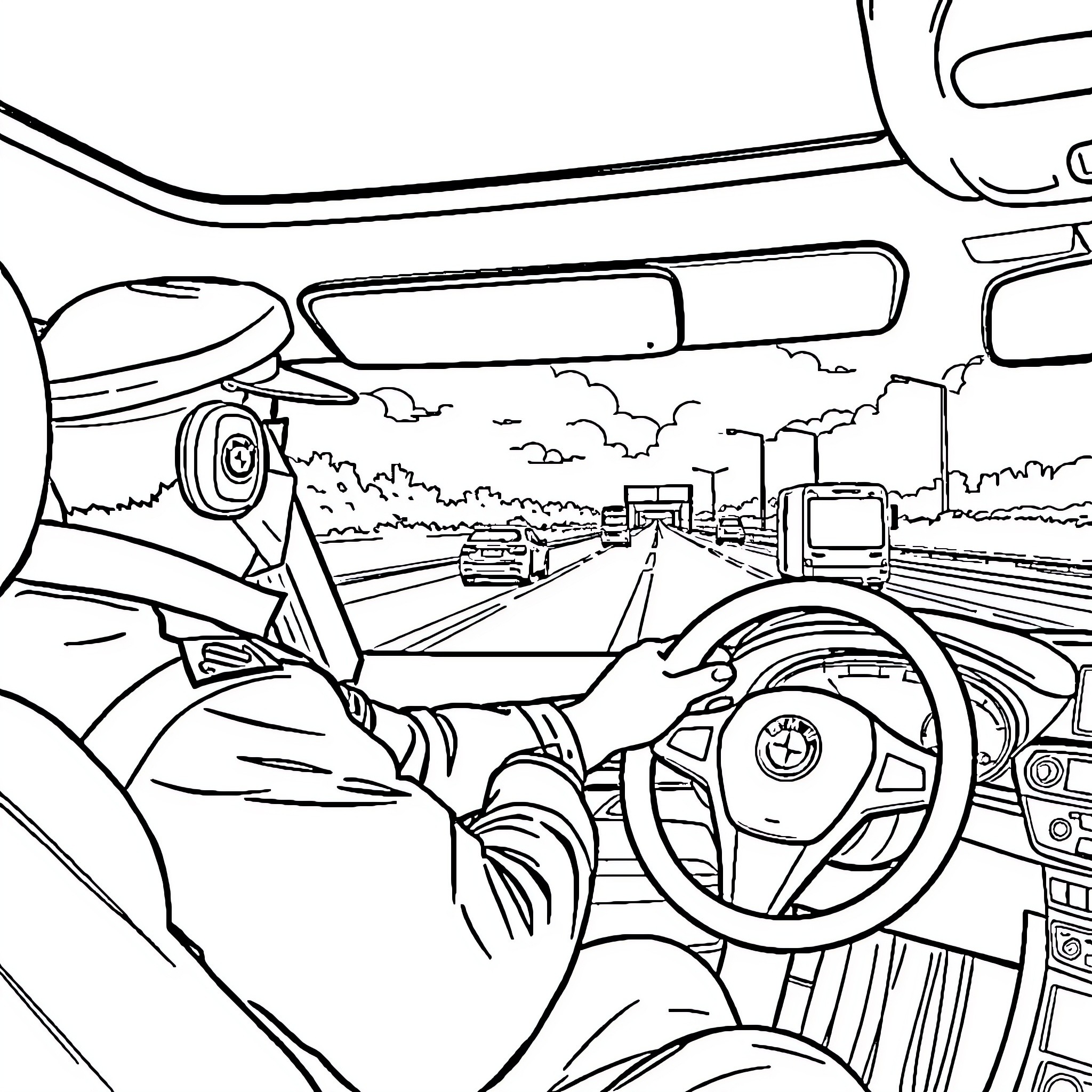BMW driving on the highway through a scenic landscape Coloring Page (free black-and-white line drawing printable PDF for all, from beginners to advanced learners, including children, teens, adults, and seniors)