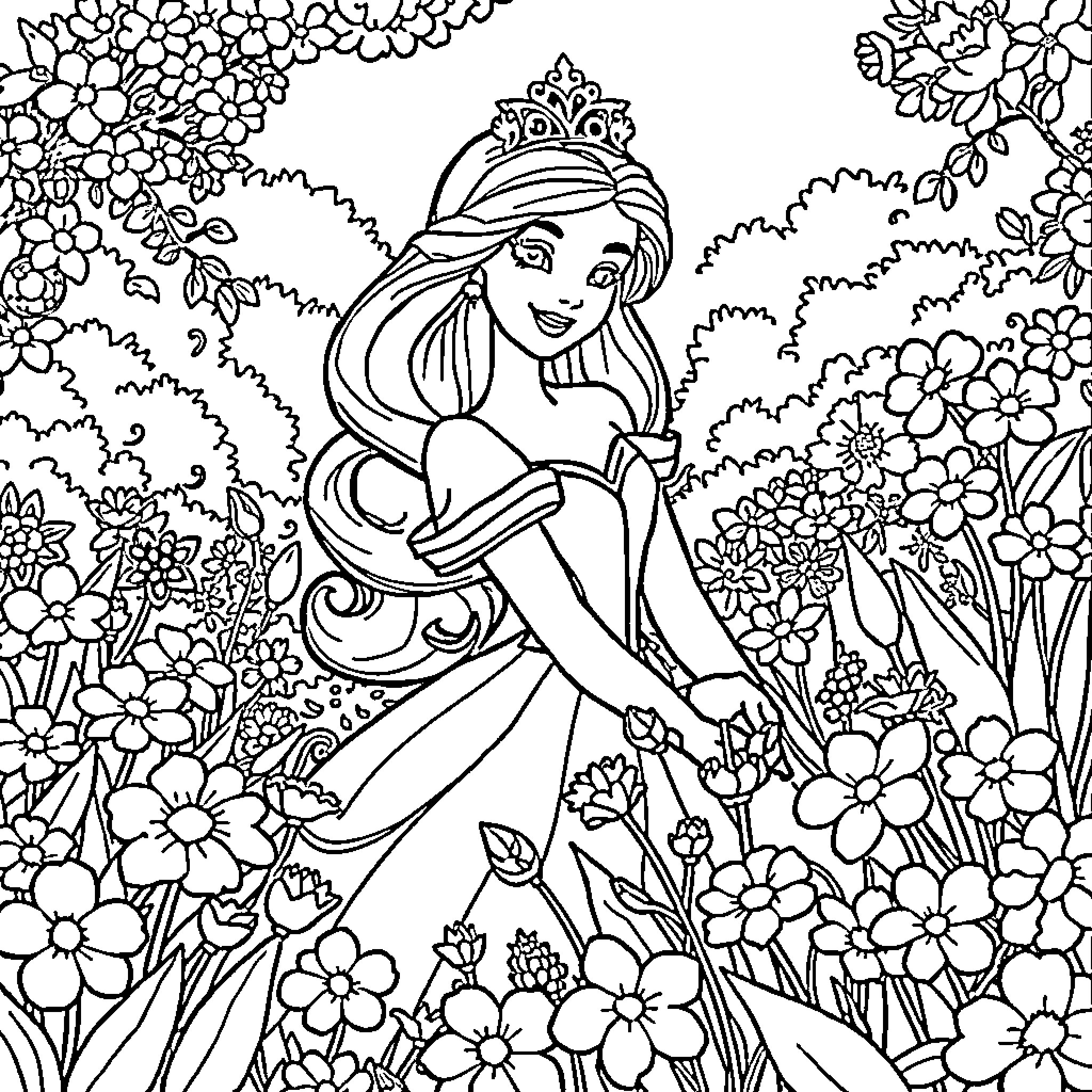 Princess in a Floral Garden Coloring Page (free black-and-white line drawing printable PDF for all, from beginners to advanced learners, including children, teens, adults, and seniors)