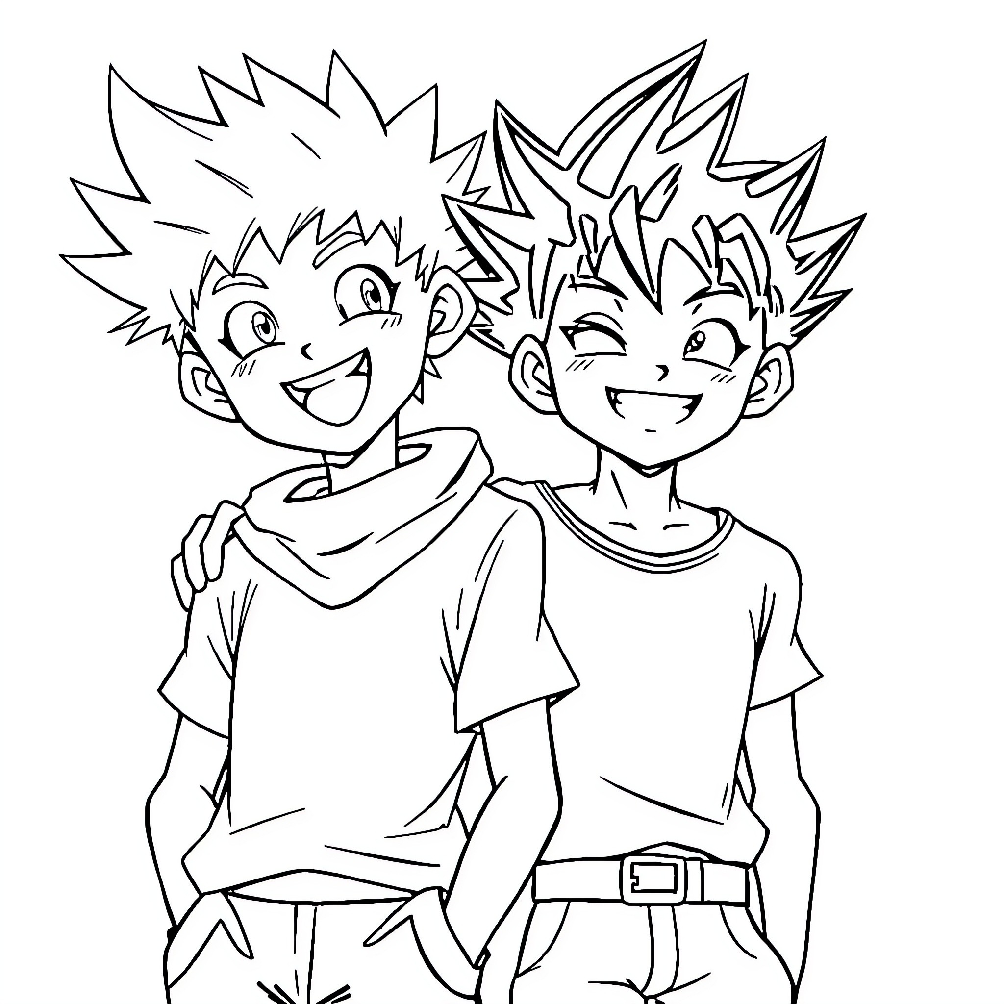 Gon and Killua having fun together Coloring Page (free black-and-white line drawing printable PDF for all, from beginners to advanced learners, including children, teens, adults, and seniors)