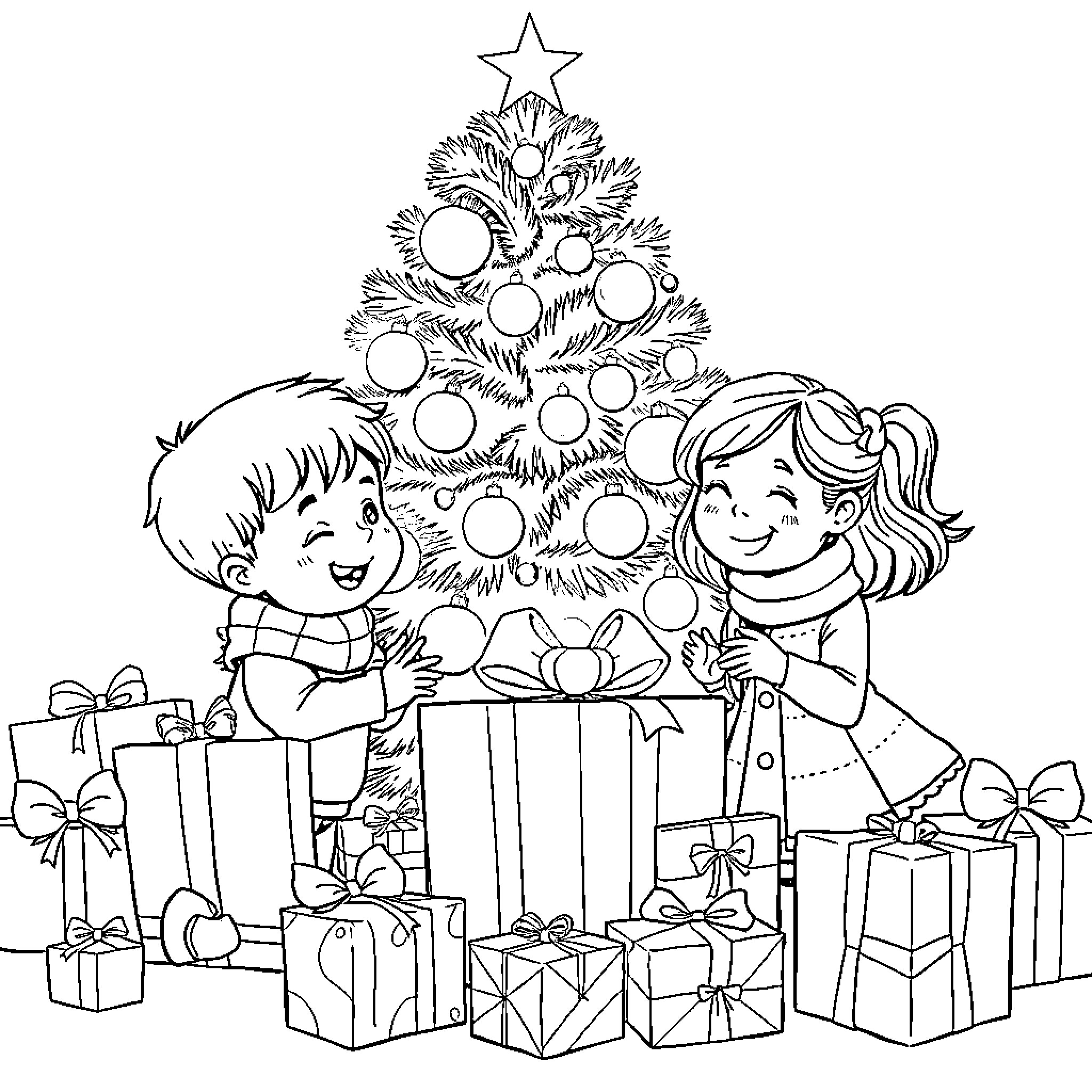 Christmas Tree with Children Celebrating and Unwrapping Gifts Coloring Page (free black-and-white line drawing printable PDF for all, from beginners to advanced learners, including children, teens, adults, and seniors)