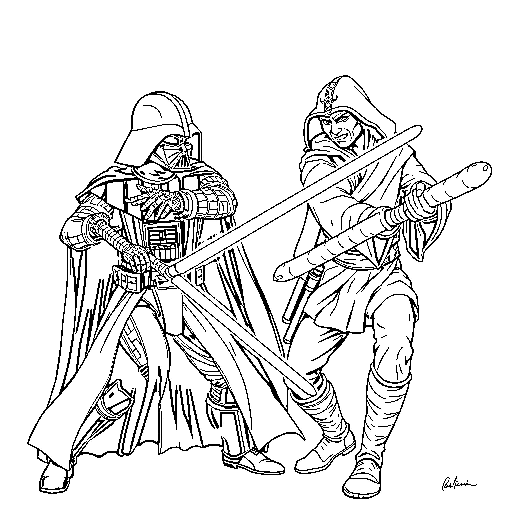 Darth Vader battling a Jedi warrior Coloring Page (free black-and-white line drawing printable PDF for all, from beginners to advanced learners, including children, teens, adults, and seniors)
