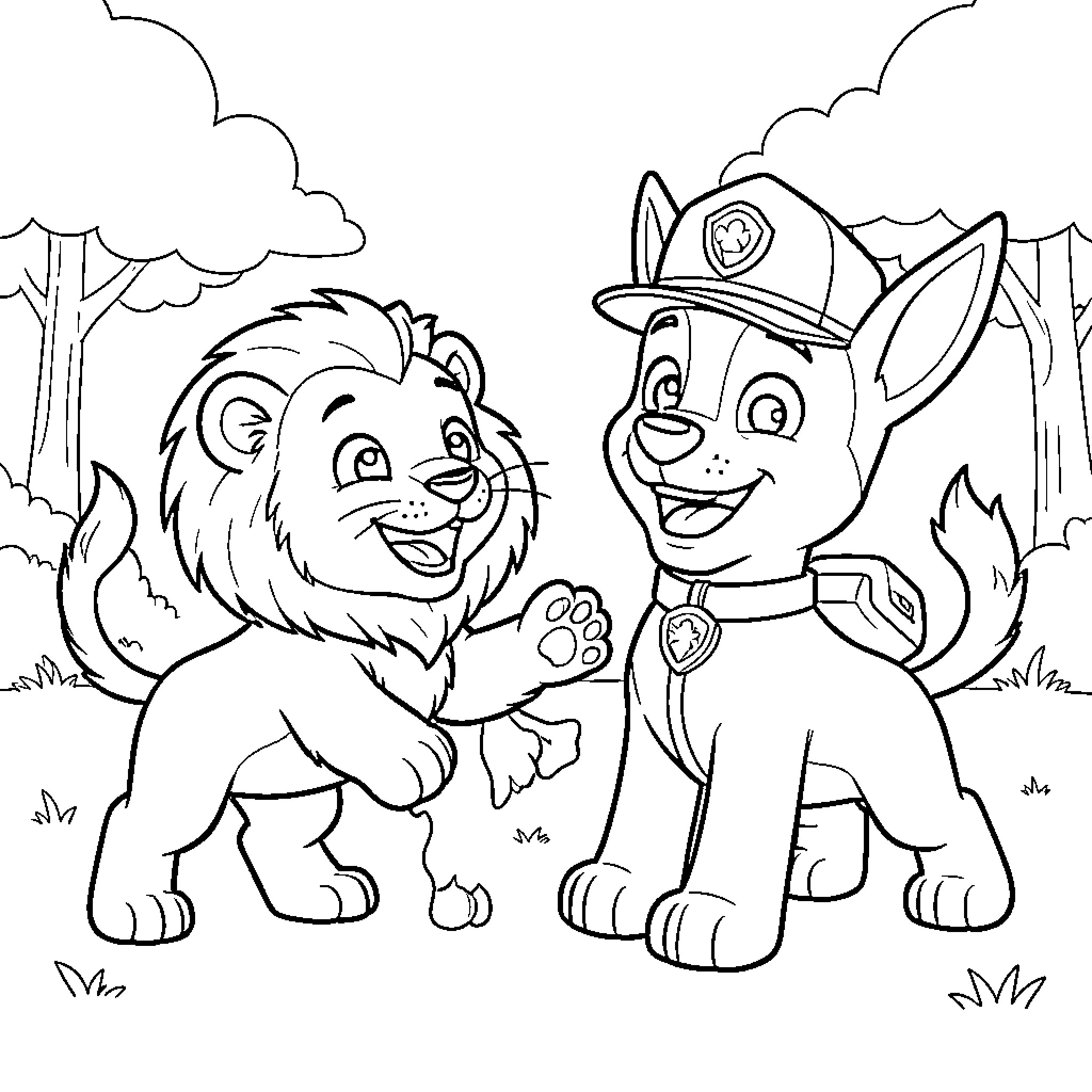 Baby Lion playing joyfully with a puppy friend Coloring Page (free black-and-white line drawing printable PDF for all, from beginners to advanced learners, including children, teens, adults, and seniors)