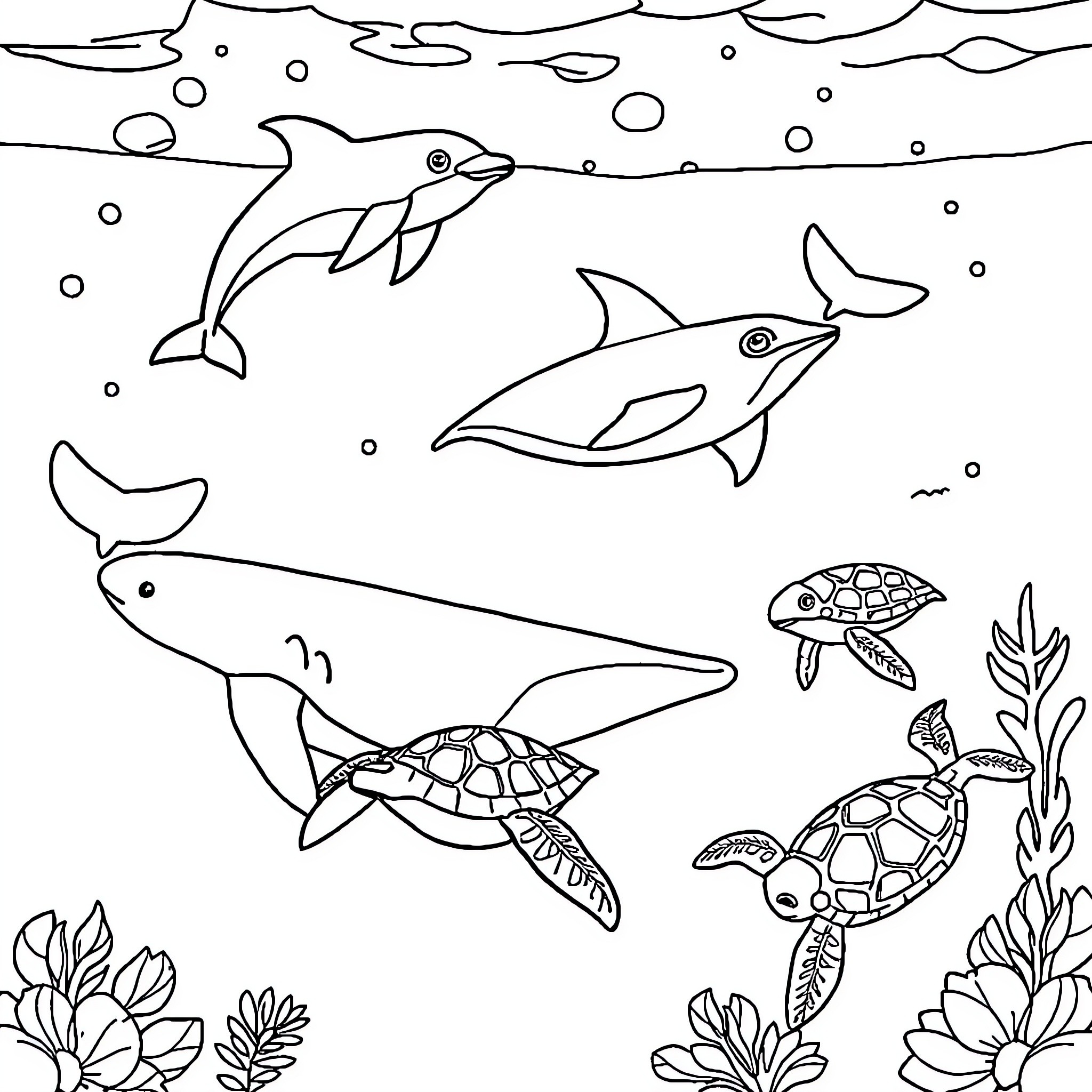 Ocean Animals Swimming Playfully Coloring Page (free black-and-white line drawing printable PDF for all, from beginners to advanced learners, including children, teens, adults, and seniors)