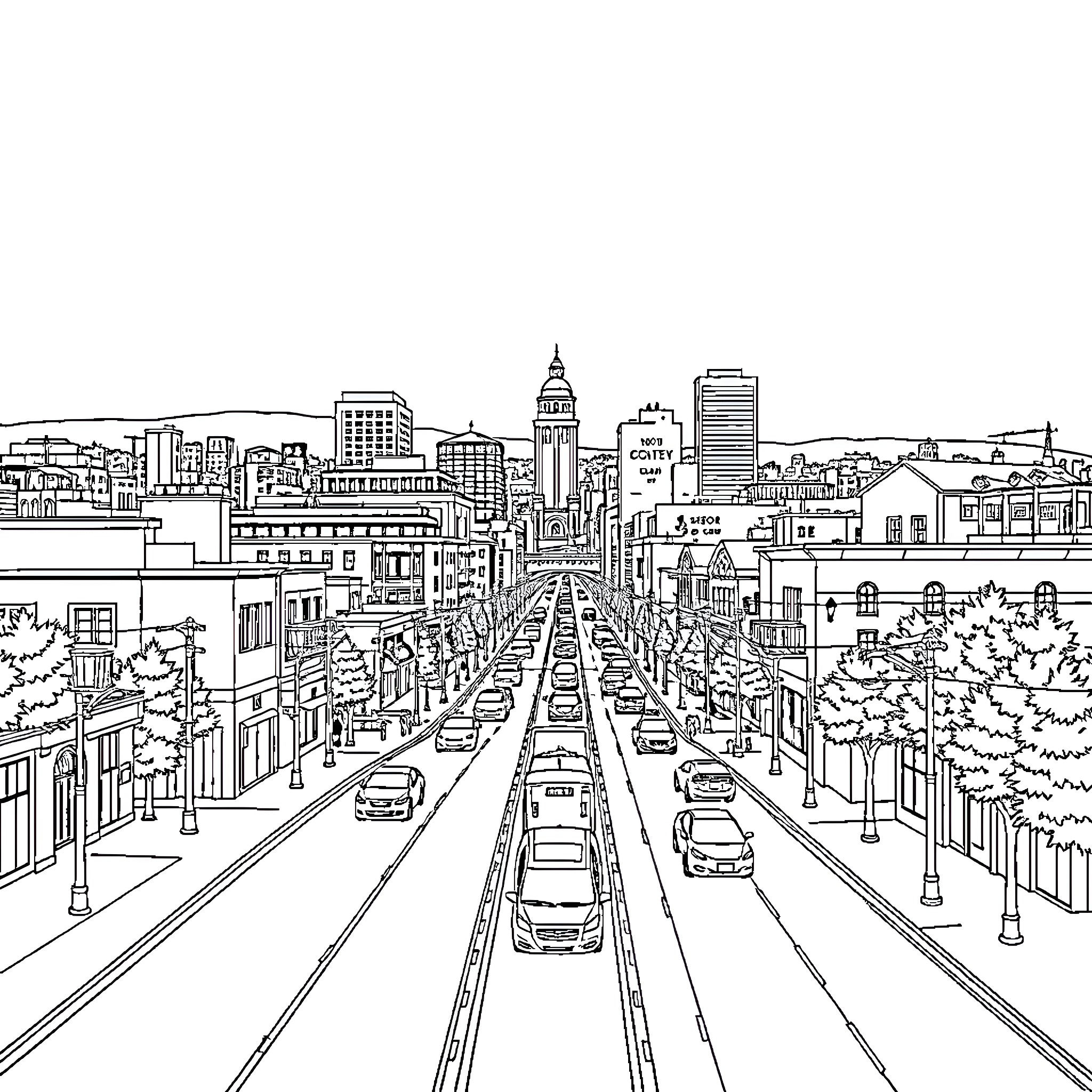 Oakland cityscape with busy streets and landmarks Coloring Page (free black-and-white line drawing printable PDF for all, from beginners to advanced learners, including children, teens, adults, and seniors)