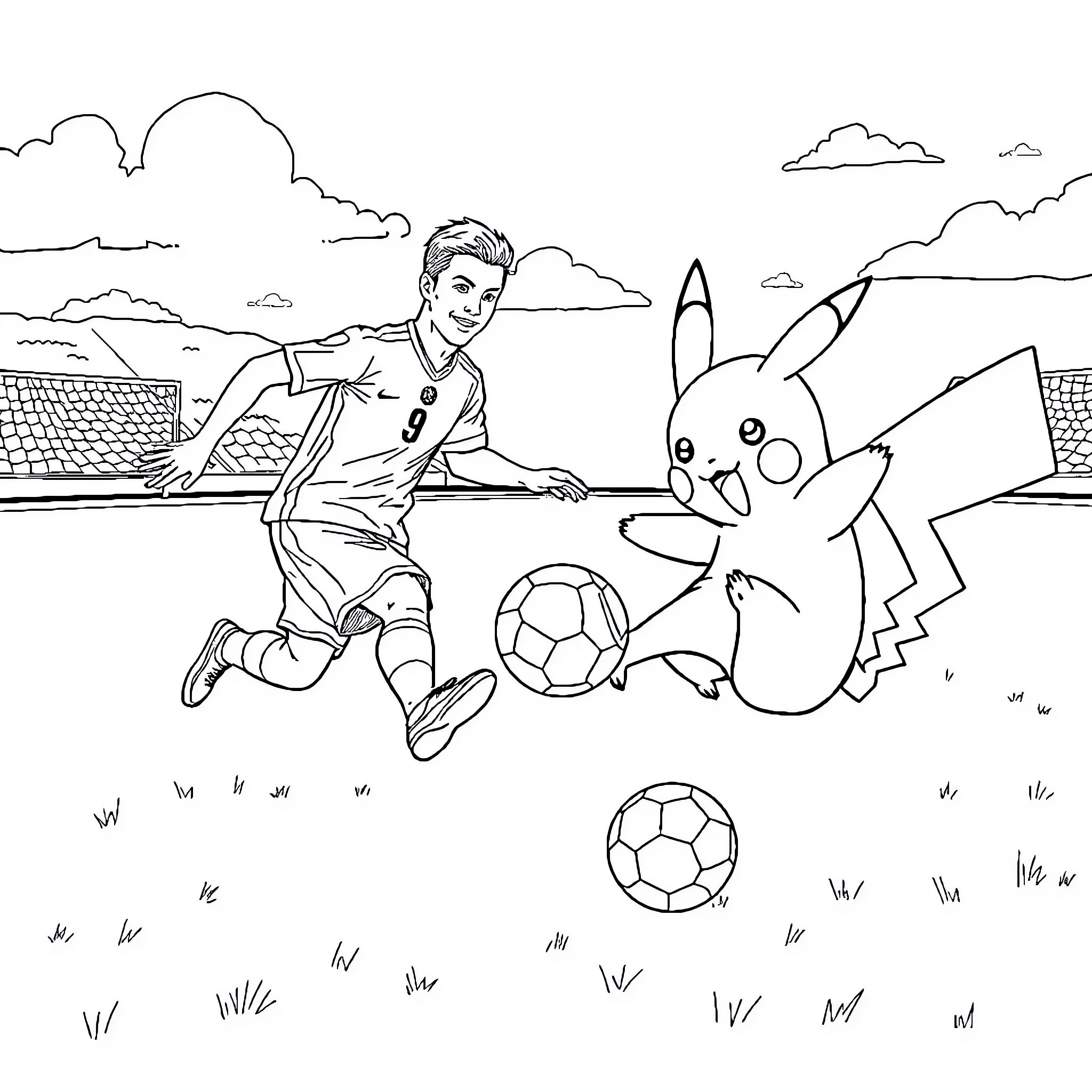 Pikachu playing soccer with a football player Coloring Page (free black-and-white line drawing printable PDF for all, from beginners to advanced learners, including children, teens, adults, and seniors)