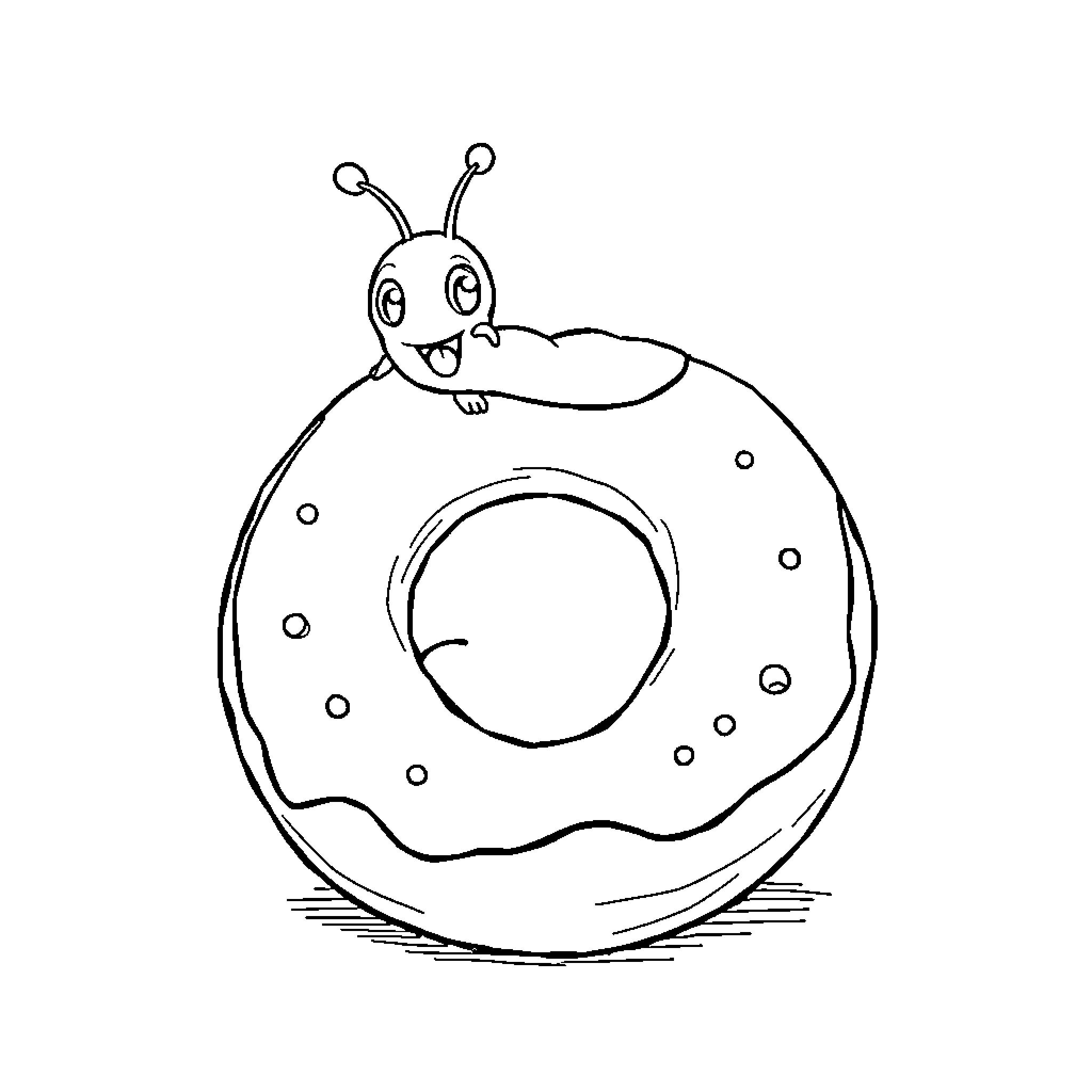 Worm sitting happily on a donut Coloring Page (free black-and-white line drawing printable PDF for all, from beginners to advanced learners, including children, teens, adults, and seniors)