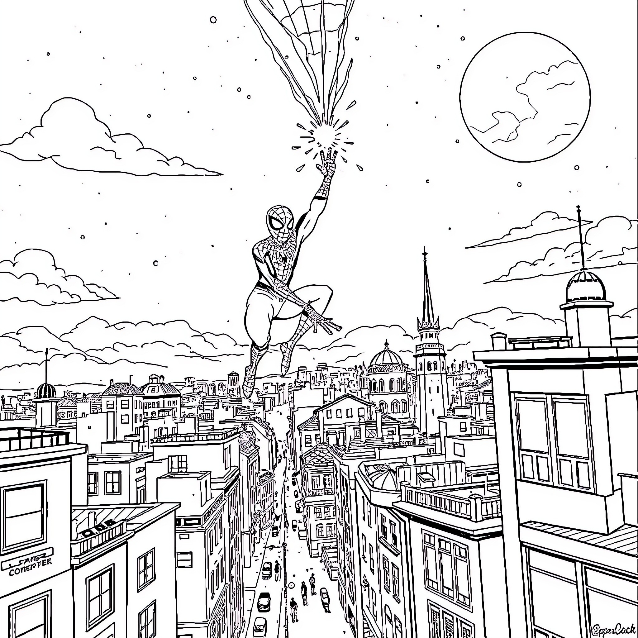 Spiderman swinging over the city at night Coloring Page (free black-and-white line drawing printable PDF for all, from beginners to advanced learners, including children, teens, adults, and seniors)