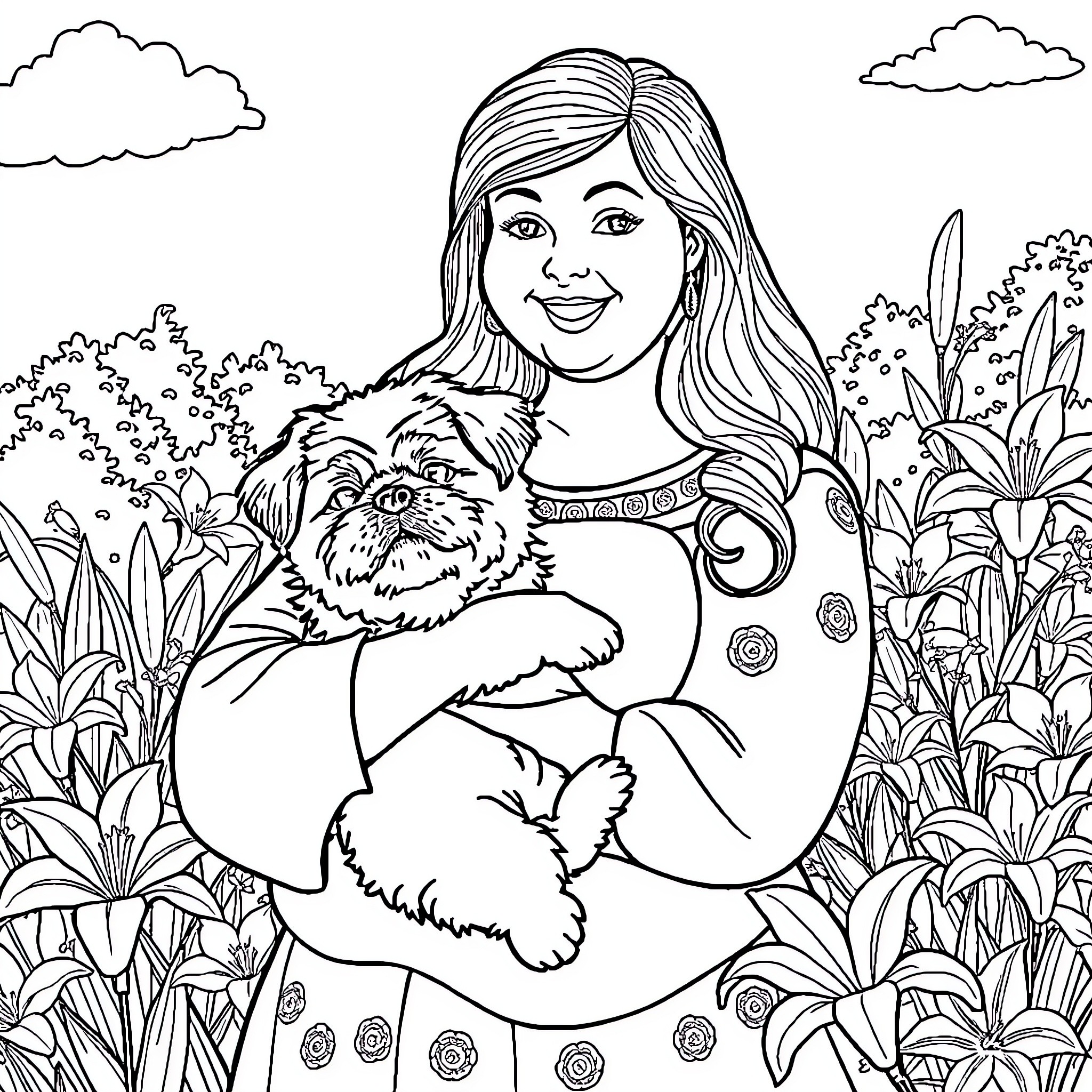 Lady embracing pet dog in garden of flowers Coloring Page (free black-and-white line drawing printable PDF for all, from beginners to advanced learners, including children, teens, adults, and seniors)