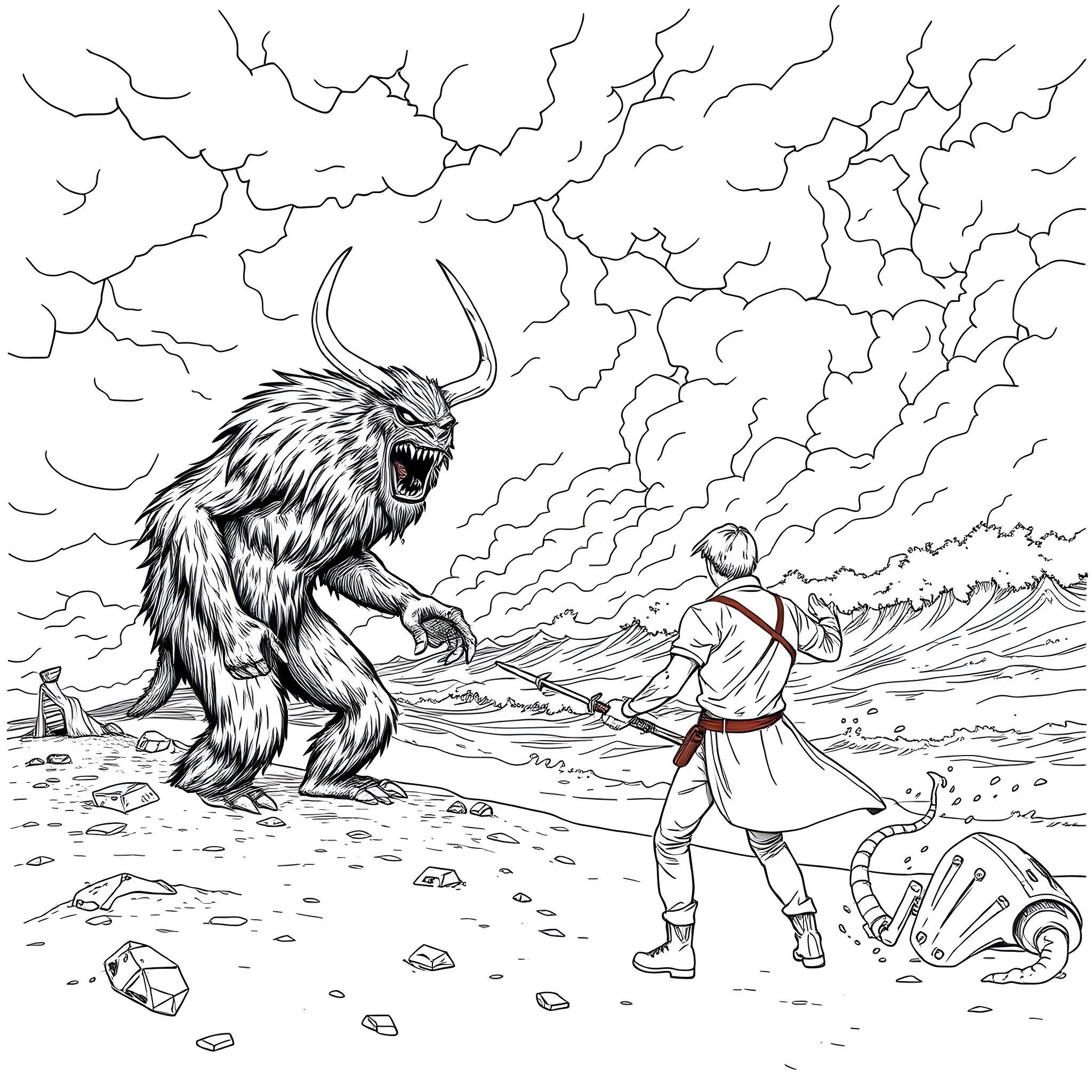 Winchester's Encounter with the Fearsome Creature Coloring Page (free black-and-white line drawing printable PDF for all, from beginners to advanced learners, including children, teens, adults, and seniors)