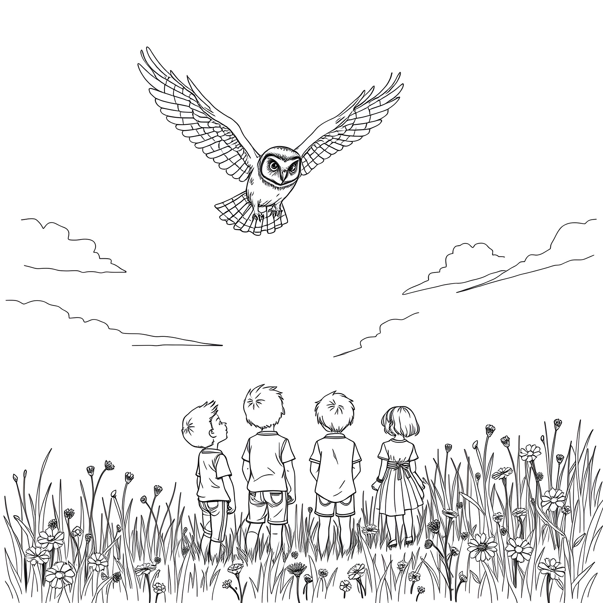 Owl soaring above children in a meadow Coloring Page (free black-and-white line drawing printable PDF for all, from beginners to advanced learners, including children, teens, adults, and seniors)
