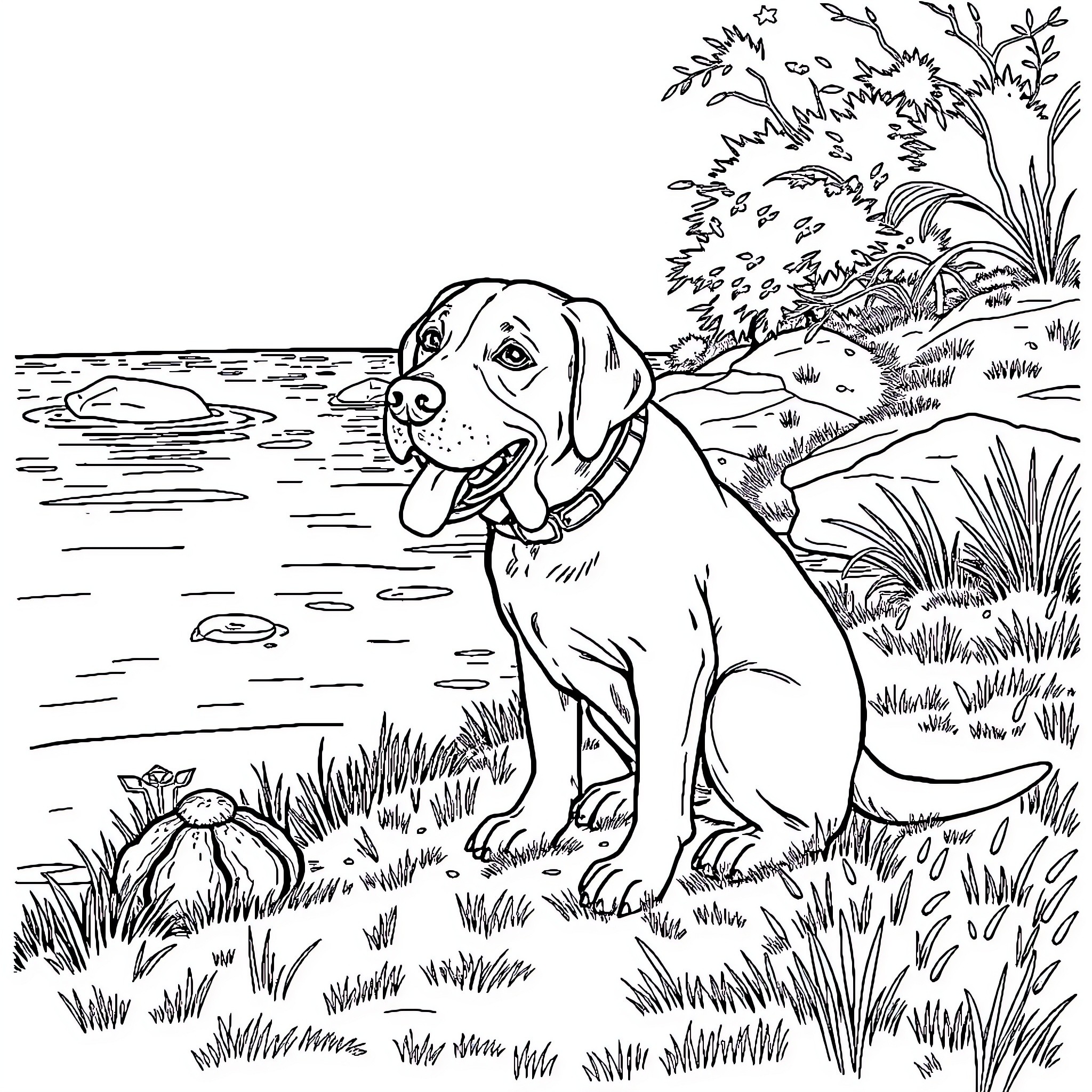 Labrador enjoying nature by the lake Coloring Page (free black-and-white line drawing printable PDF for all, from beginners to advanced learners, including children, teens, adults, and seniors)