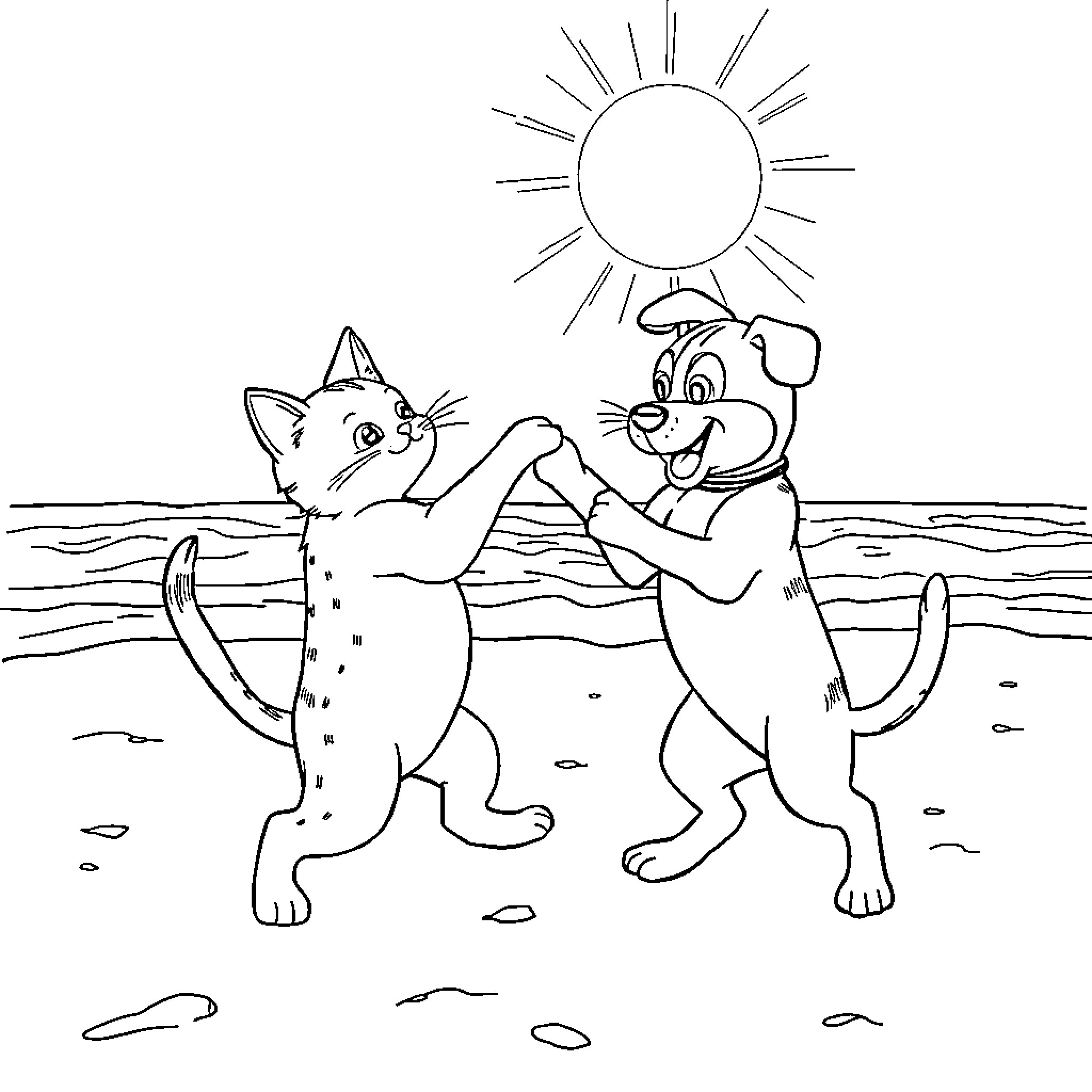 Cat and Dog Playing on the Beach Coloring Page (free black-and-white line drawing printable PDF for all, from beginners to advanced learners, including children, teens, adults, and seniors)