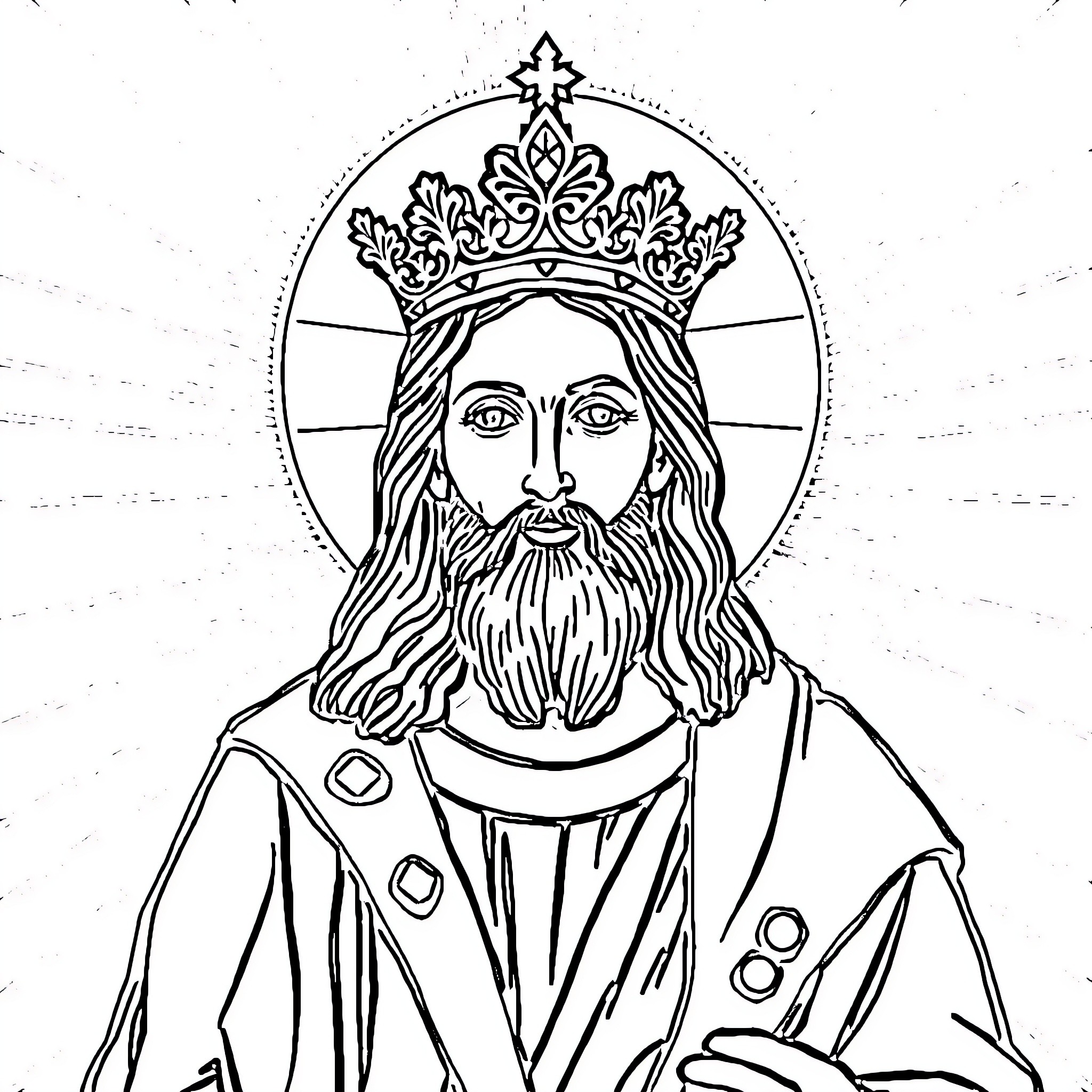 Christ the King depicted in regal attire Coloring Page (free black-and-white line drawing printable PDF for all, from beginners to advanced learners, including children, teens, adults, and seniors)