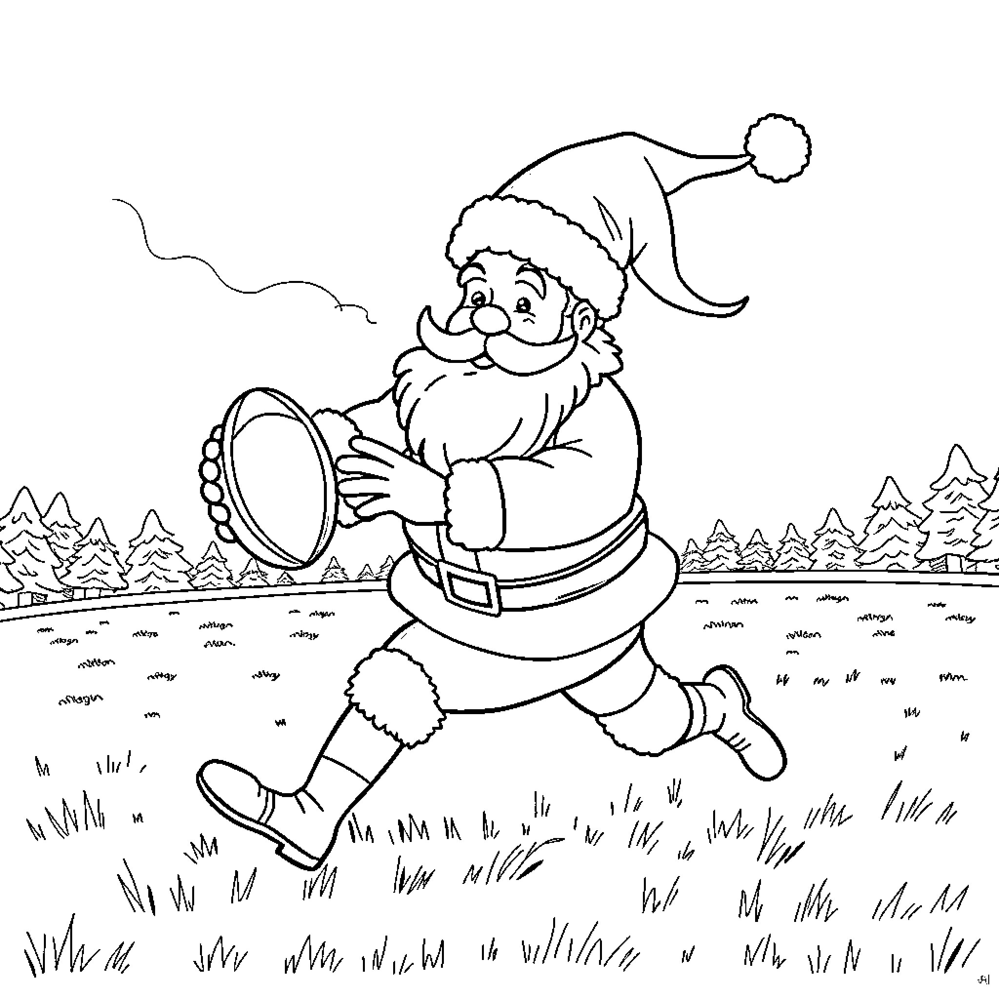 Santa playing a drum in the snowy forest Coloring Page (free black-and-white line drawing printable PDF for all, from beginners to advanced learners, including children, teens, adults, and seniors)