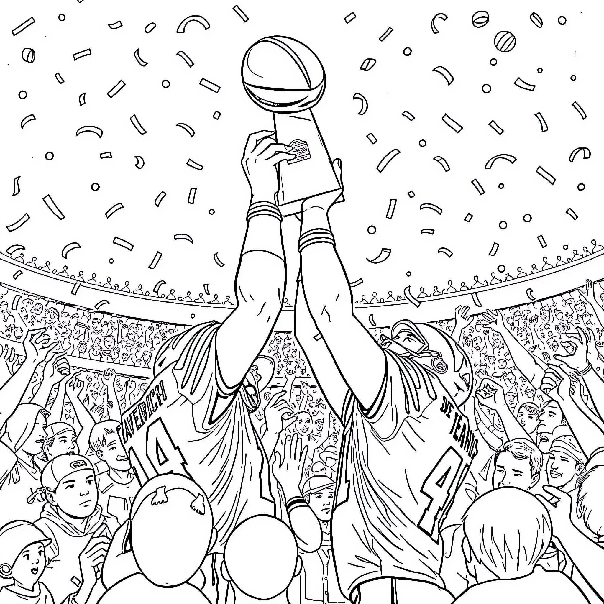 Jared Goff Celebrating Championship Victory with Enthusiastic Fans Coloring Page (free black-and-white line drawing printable PDF for all, from beginners to advanced learners, including children, teens, adults, and seniors)