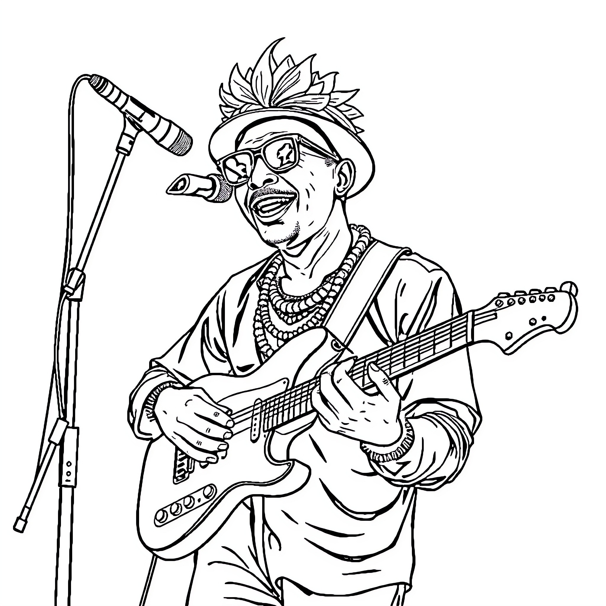Tiakola performing live with guitar and microphone Coloring Page (free black-and-white line drawing printable PDF for all, from beginners to advanced learners, including children, teens, adults, and seniors)