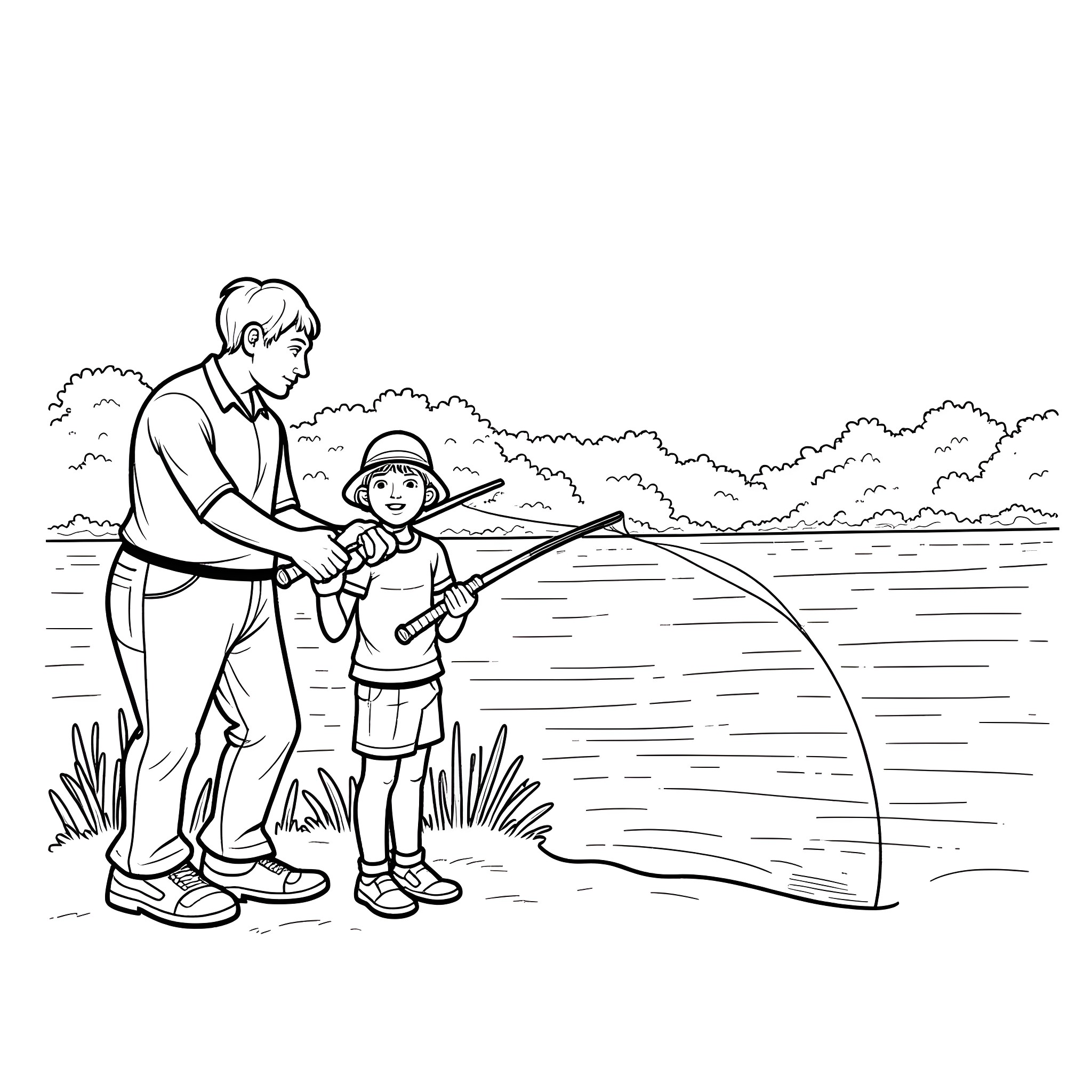 Carp fishing with a young companion Coloring Page (free black-and-white line drawing printable PDF for all, from beginners to advanced learners, including children, teens, adults, and seniors)