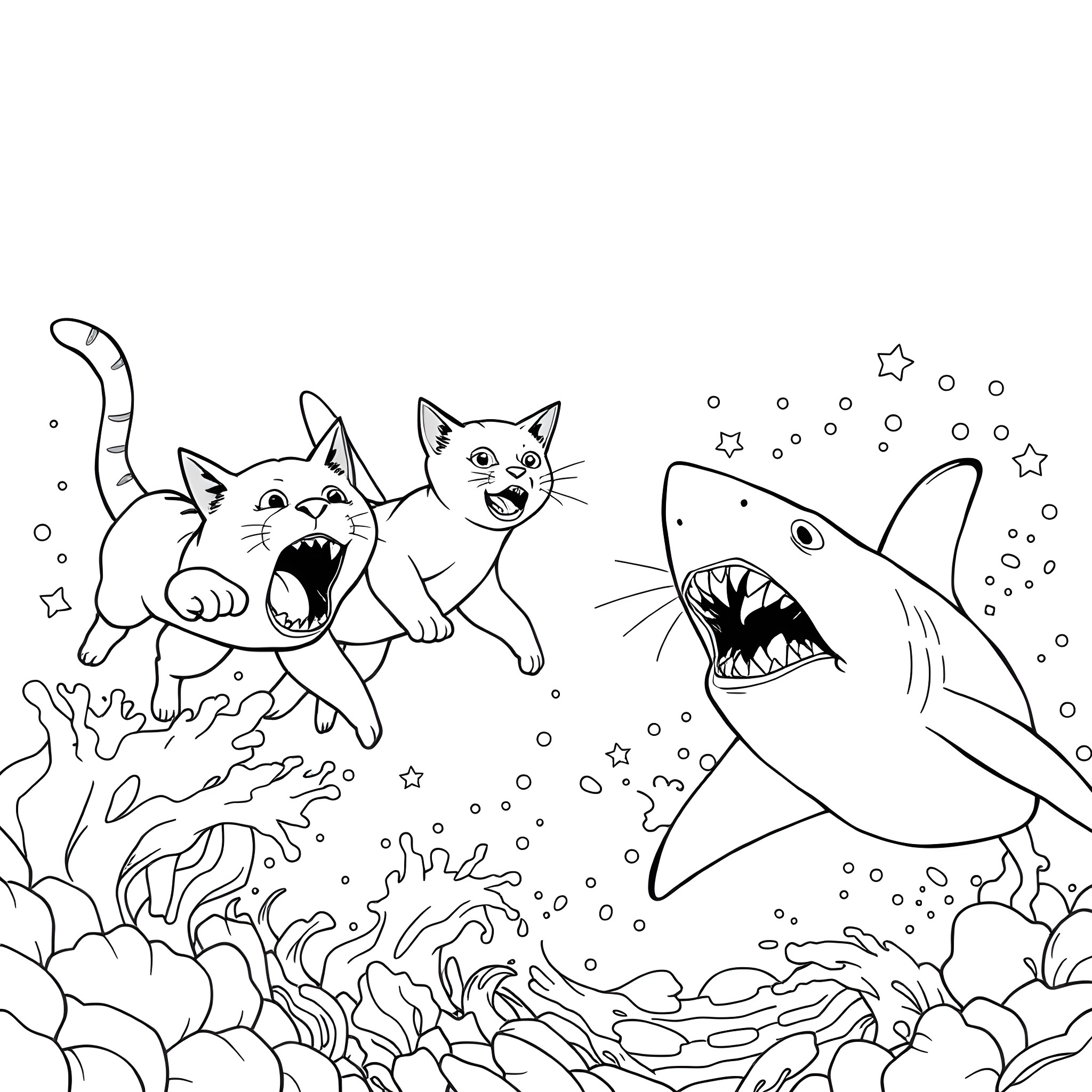 Cat friends playing in the underwater ocean Coloring Page (free black-and-white line drawing printable PDF for all, from beginners to advanced learners, including children, teens, adults, and seniors)