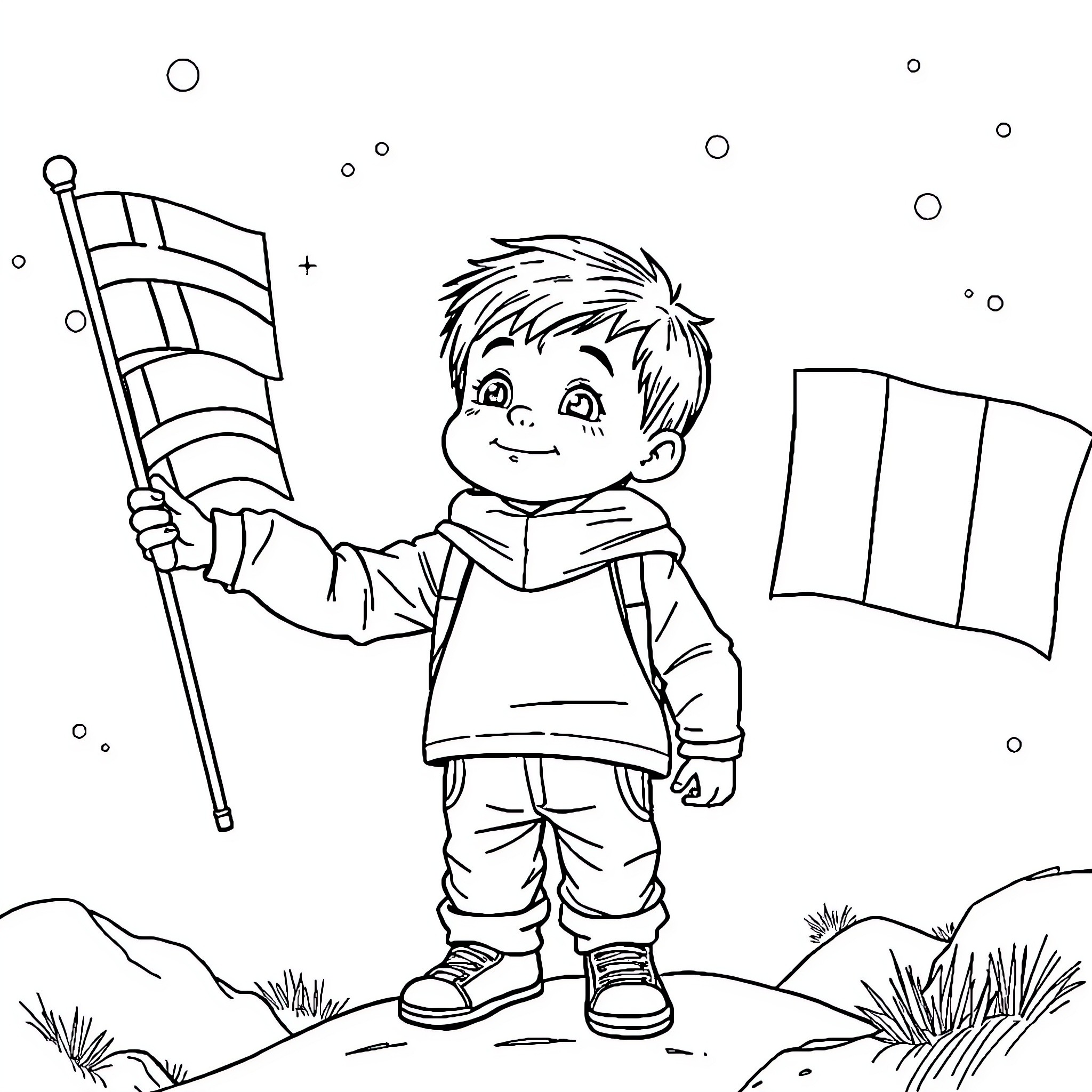 Niño holding flag and exploring the outdoors Coloring Page (free black-and-white line drawing printable PDF for all, from beginners to advanced learners, including children, teens, adults, and seniors)