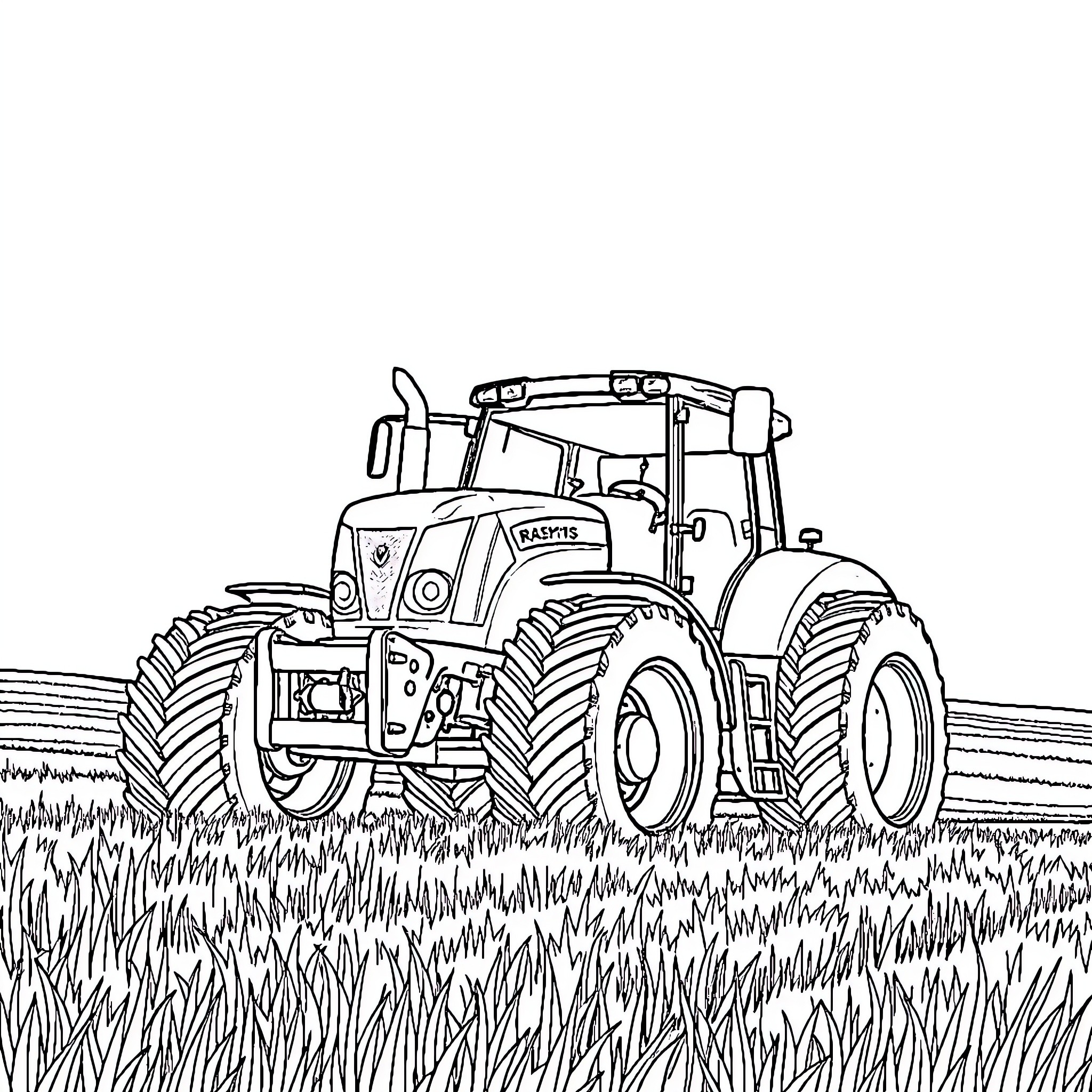 Tractor plowing through a grassy field Coloring Page (free black-and-white line drawing printable PDF for all, from beginners to advanced learners, including children, teens, adults, and seniors)