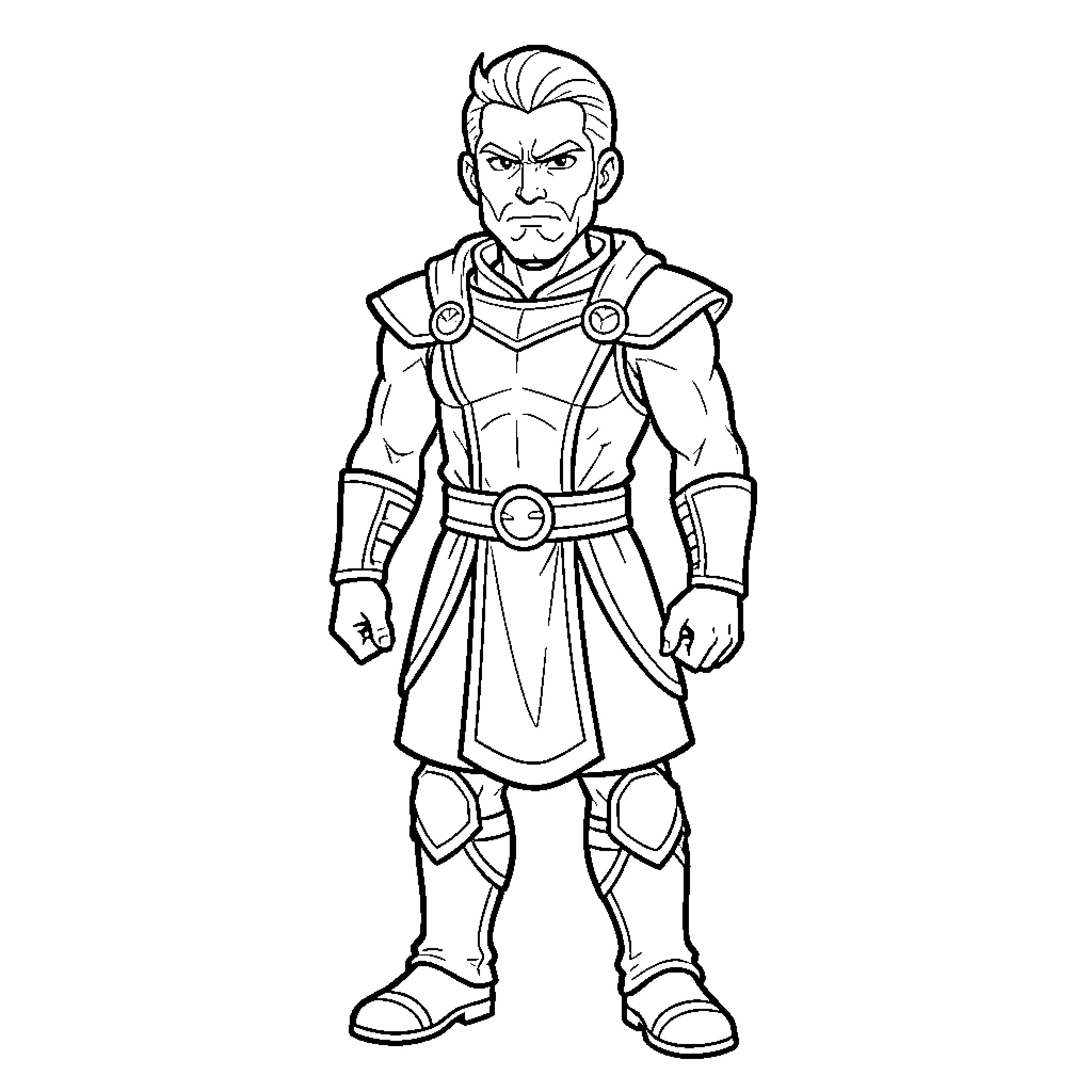 Malachi wearing warrior armor with a stern expression Coloring Page (free black-and-white line drawing printable PDF for all, from beginners to advanced learners, including children, teens, adults, and seniors)