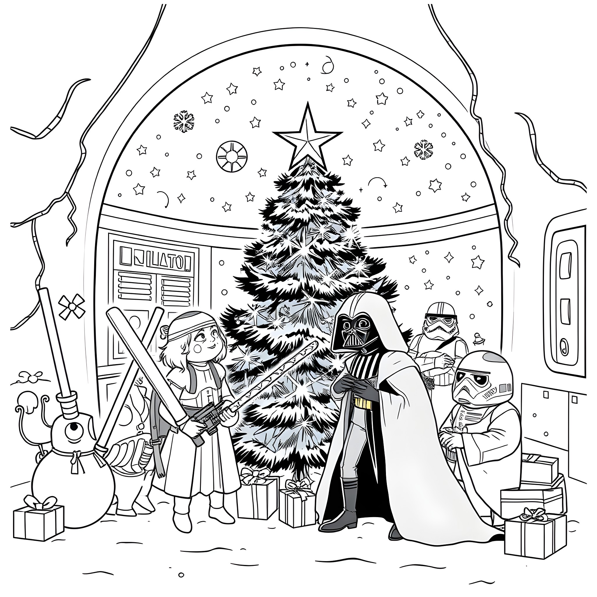 Star Wars Characters Celebrating Christmas Together Coloring Page (free black-and-white line drawing printable PDF for all, from beginners to advanced learners, including children, teens, adults, and seniors)