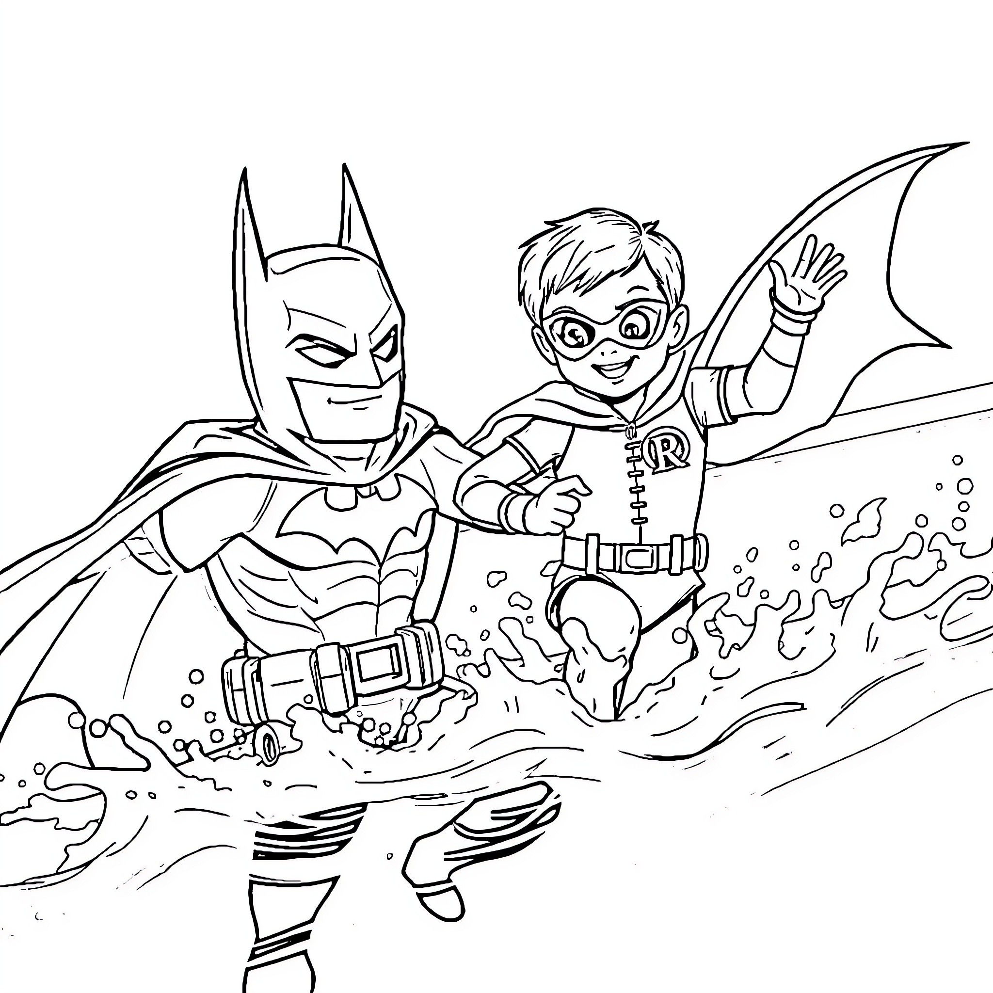 Batman and Robin's Crime-Fighting Adventure Coloring Page (free black-and-white line drawing printable PDF for all, from beginners to advanced learners, including children, teens, adults, and seniors)