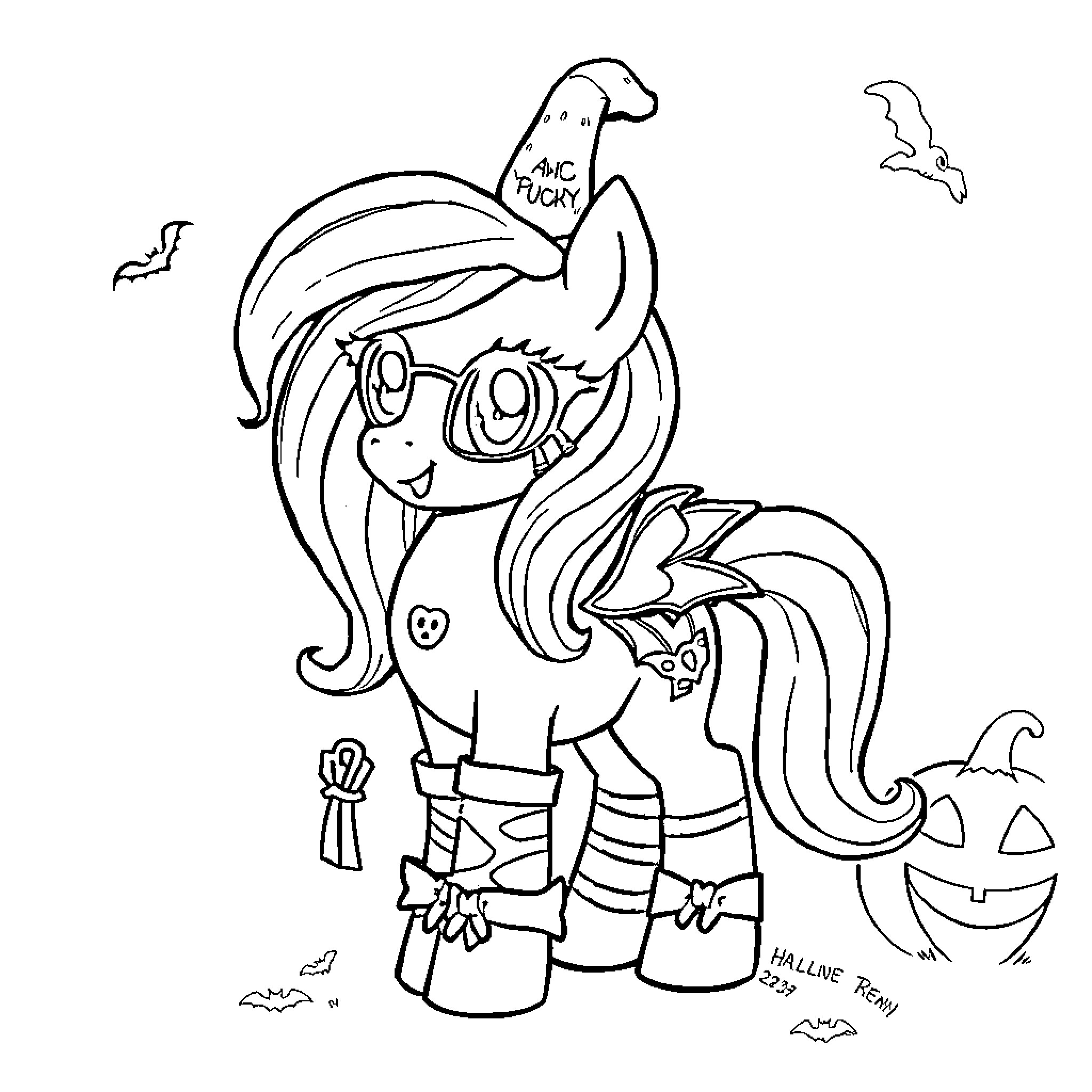 My Little Pony Character in Halloween Costume Coloring Page (free black-and-white line drawing printable PDF for all, from beginners to advanced learners, including children, teens, adults, and seniors)