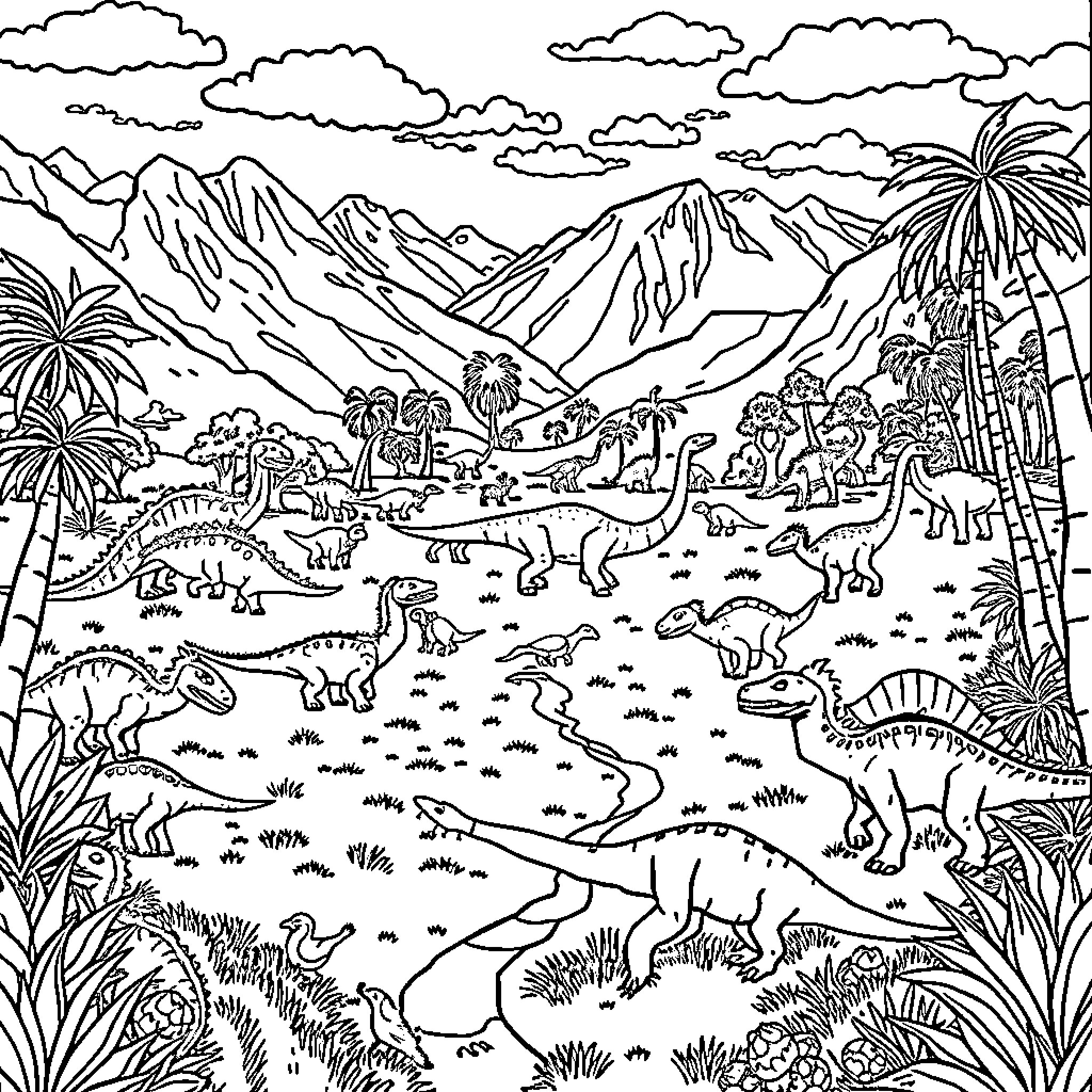 Dinosaurs roaming in prehistoric landscape Coloring Page (free black-and-white line drawing printable PDF for all, from beginners to advanced learners, including children, teens, adults, and seniors)