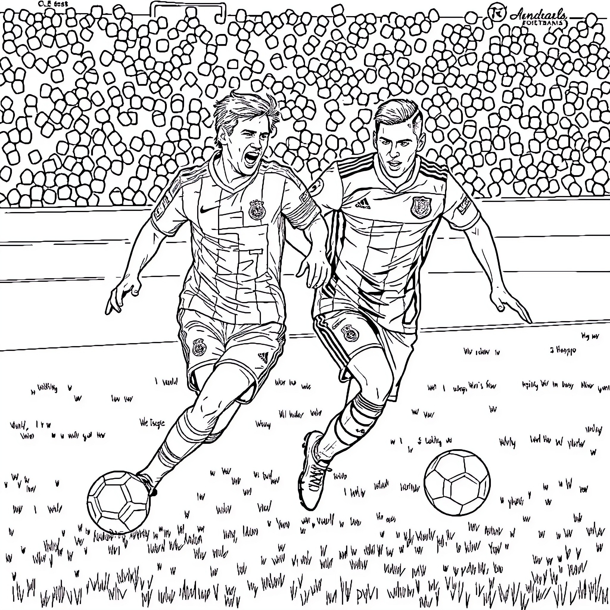 Messi and teammate playing soccer on the field Coloring Page (free black-and-white line drawing printable PDF for all, from beginners to advanced learners, including children, teens, adults, and seniors)
