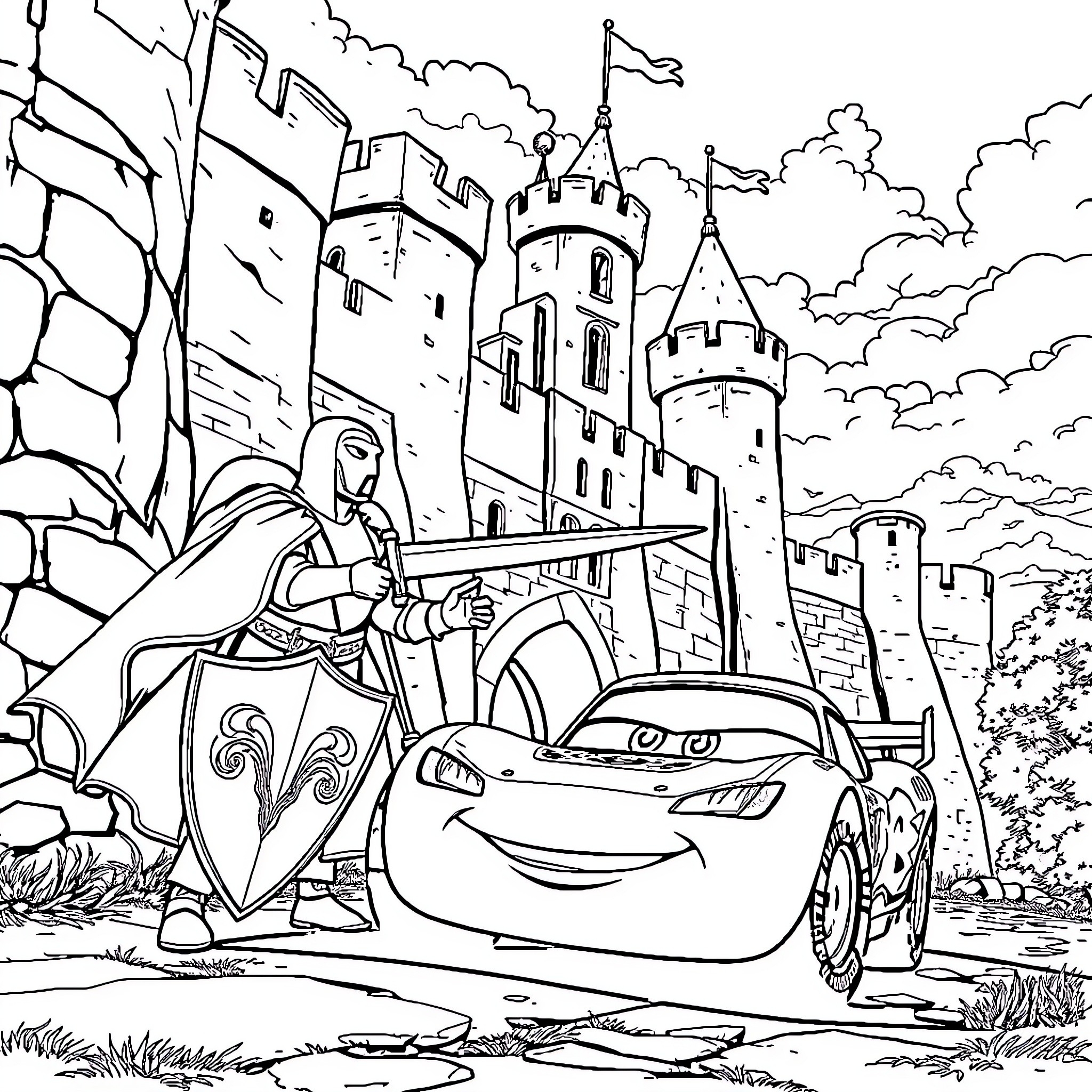 Knight and his Trusty Steed Explore the Majestic Castle Coloring Page (free black-and-white line drawing printable PDF for all, from beginners to advanced learners, including children, teens, adults, and seniors)