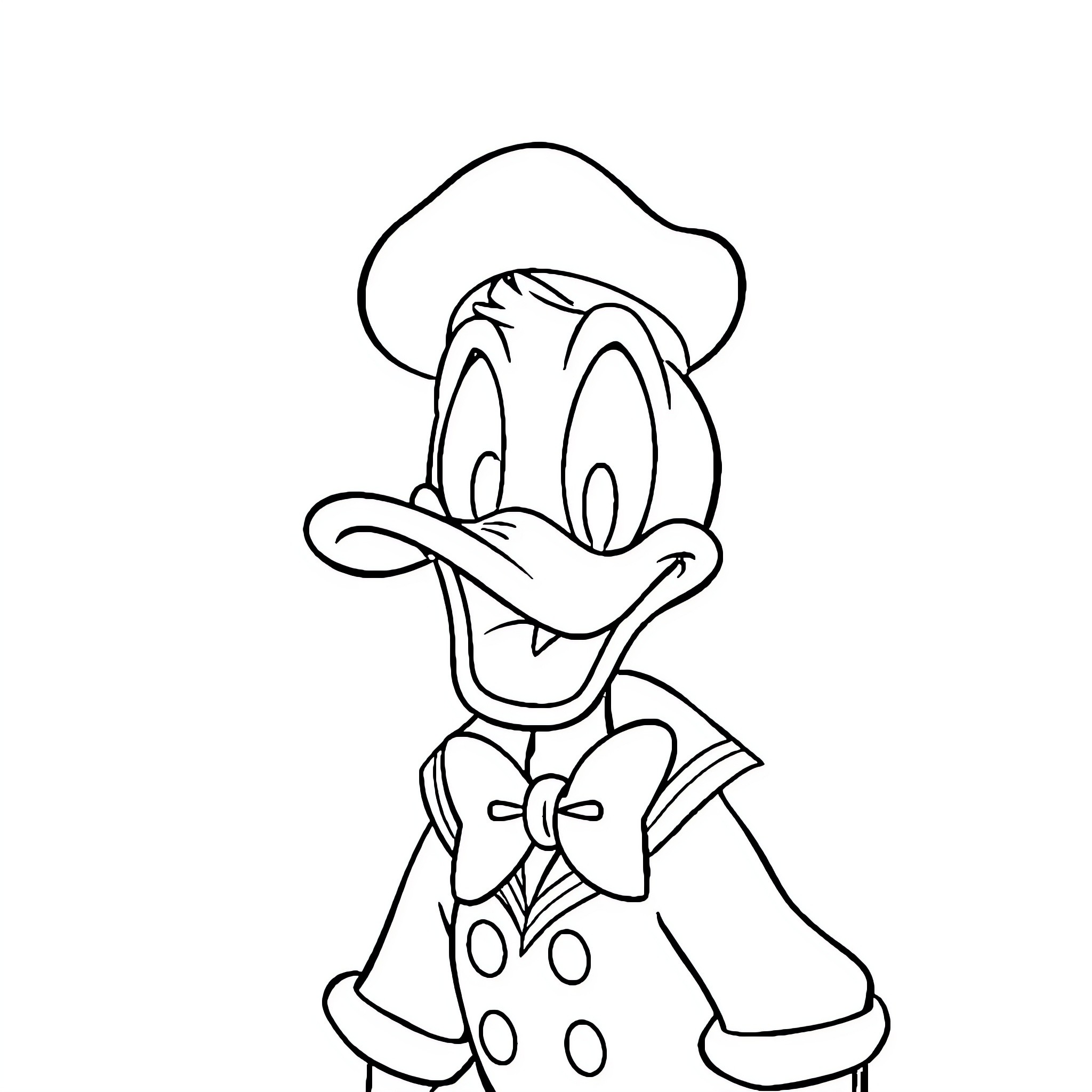 Donald Duck dressed in cowboy outfit Coloring Page (free black-and-white line drawing printable PDF for all, from beginners to advanced learners, including children, teens, adults, and seniors)