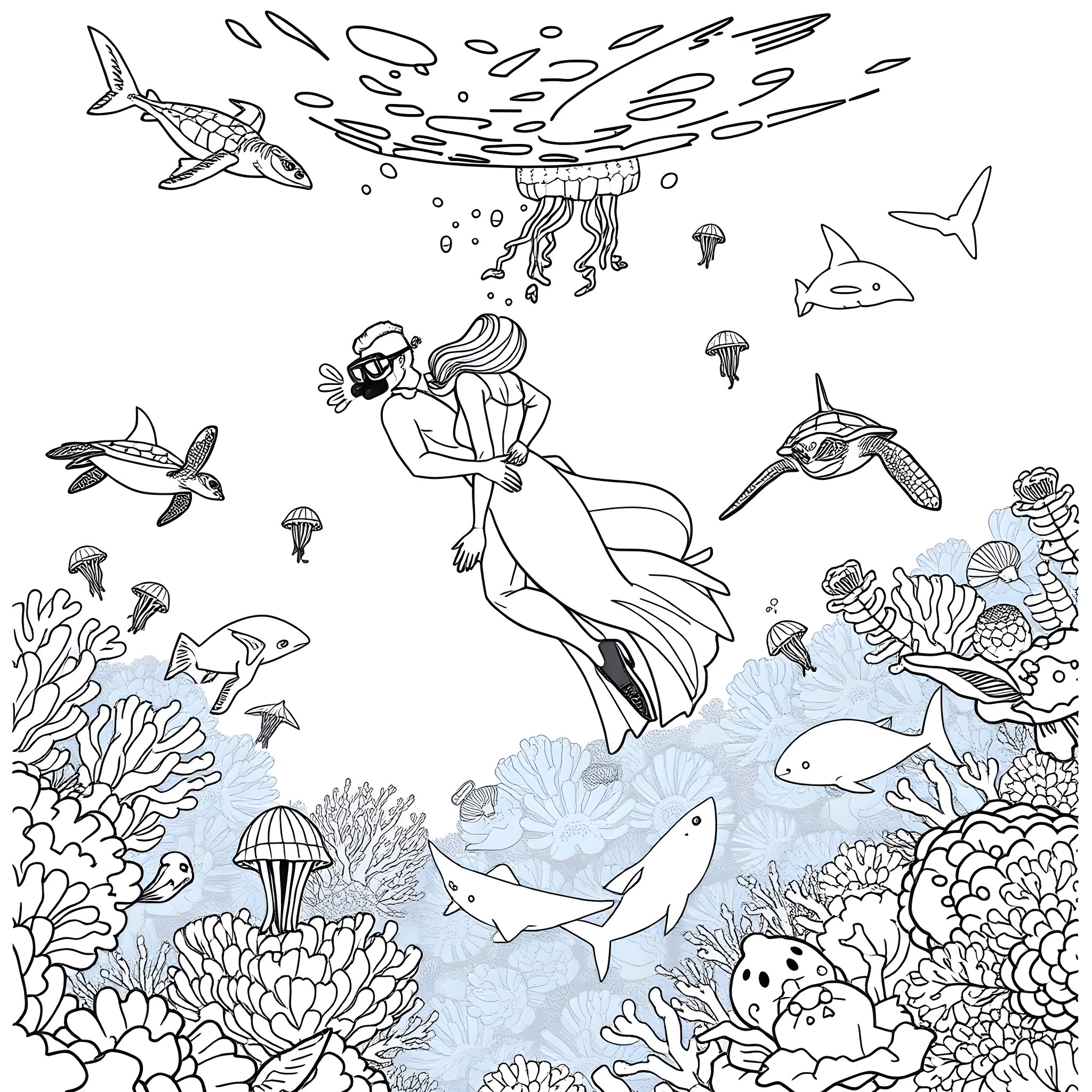 Bride swimming among marine life and sea creatures Coloring Page (free black-and-white line drawing printable PDF for all, from beginners to advanced learners, including children, teens, adults, and seniors)